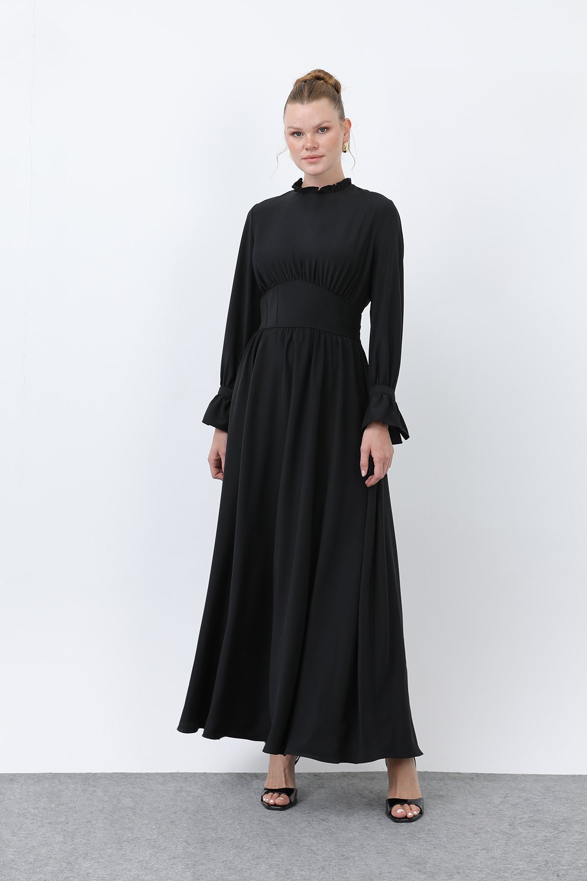 Kadın Beli Korsajlı Yakasıl Detaylı Elbise -12614ELB BLACK