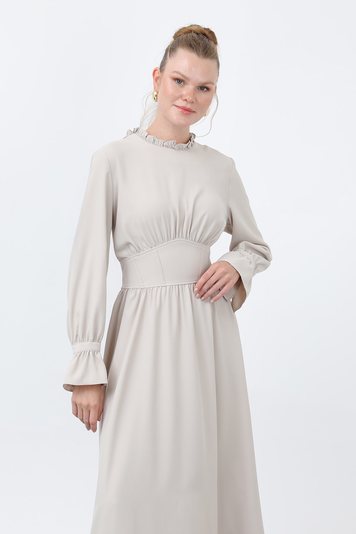 Kadın Beli Korsajlı Yakasıl Detaylı Elbise -12614ELB BEIGE