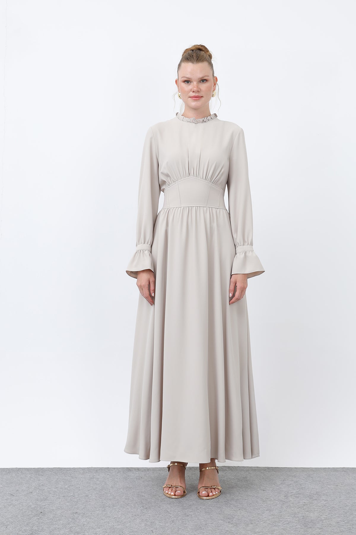 Kadın Beli Korsajlı Yakasıl Detaylı Elbise -12614ELB BEIGE