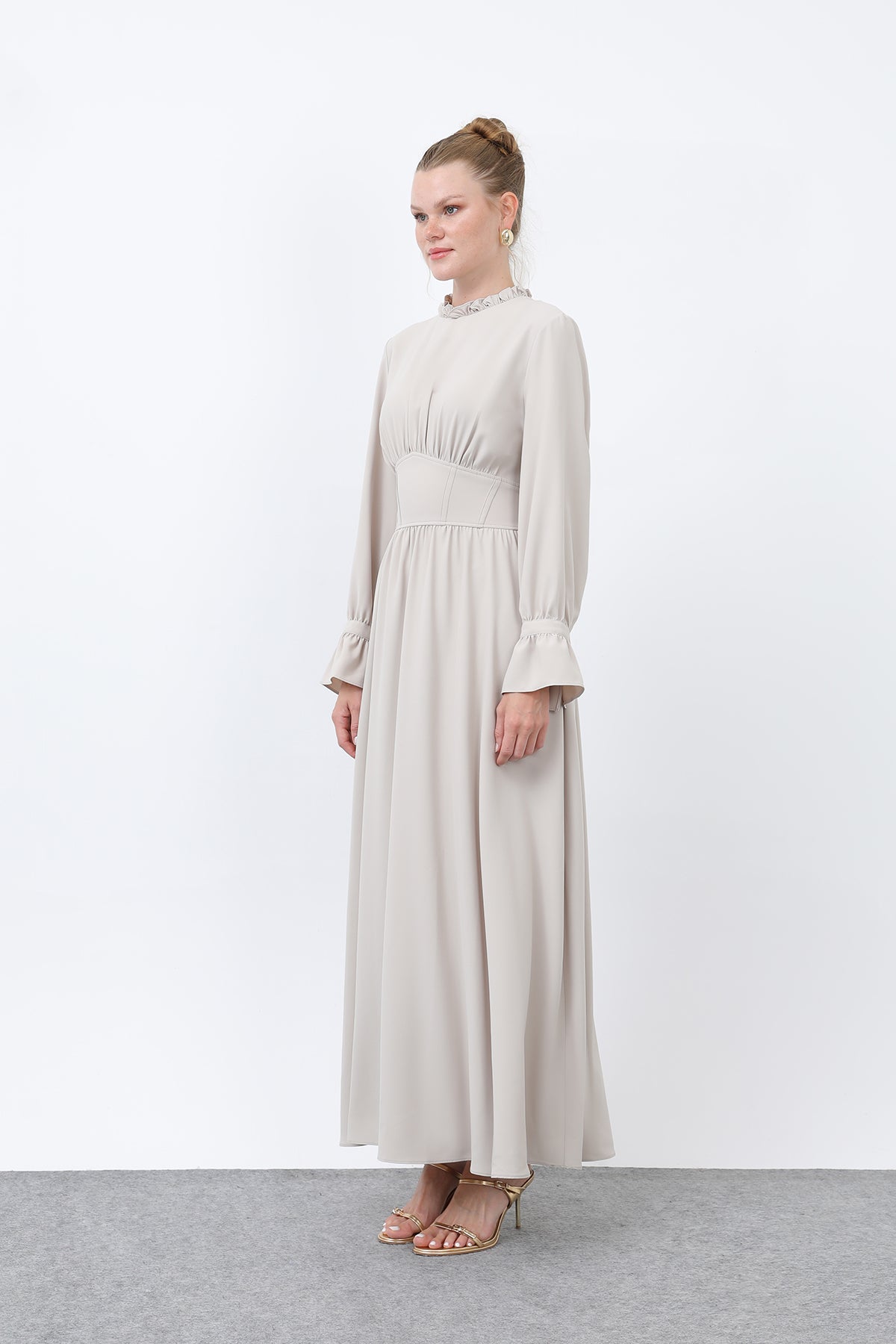 Kadın Beli Korsajlı Yakasıl Detaylı Elbise -12614ELB BEIGE