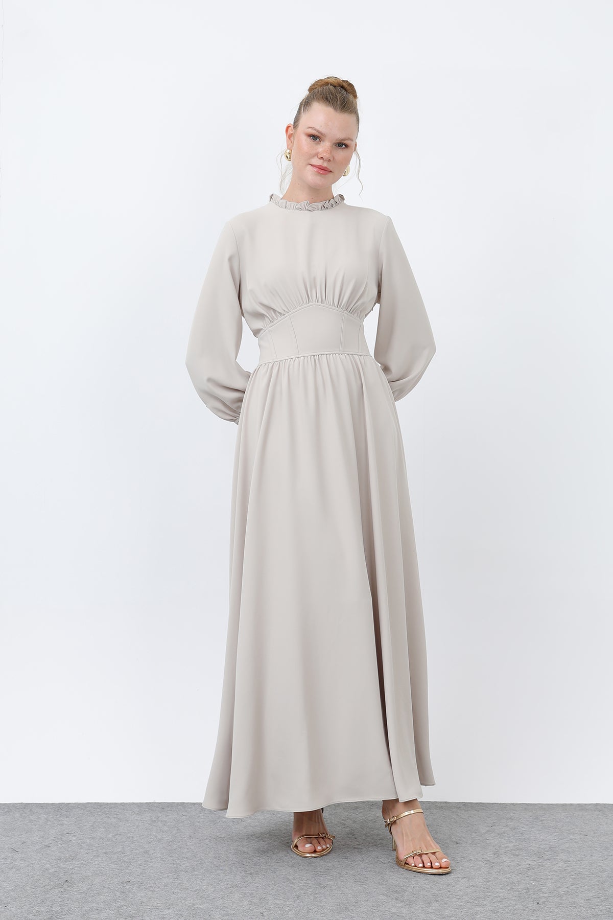 Kadın Beli Korsajlı Yakasıl Detaylı Elbise -12614ELB BEIGE