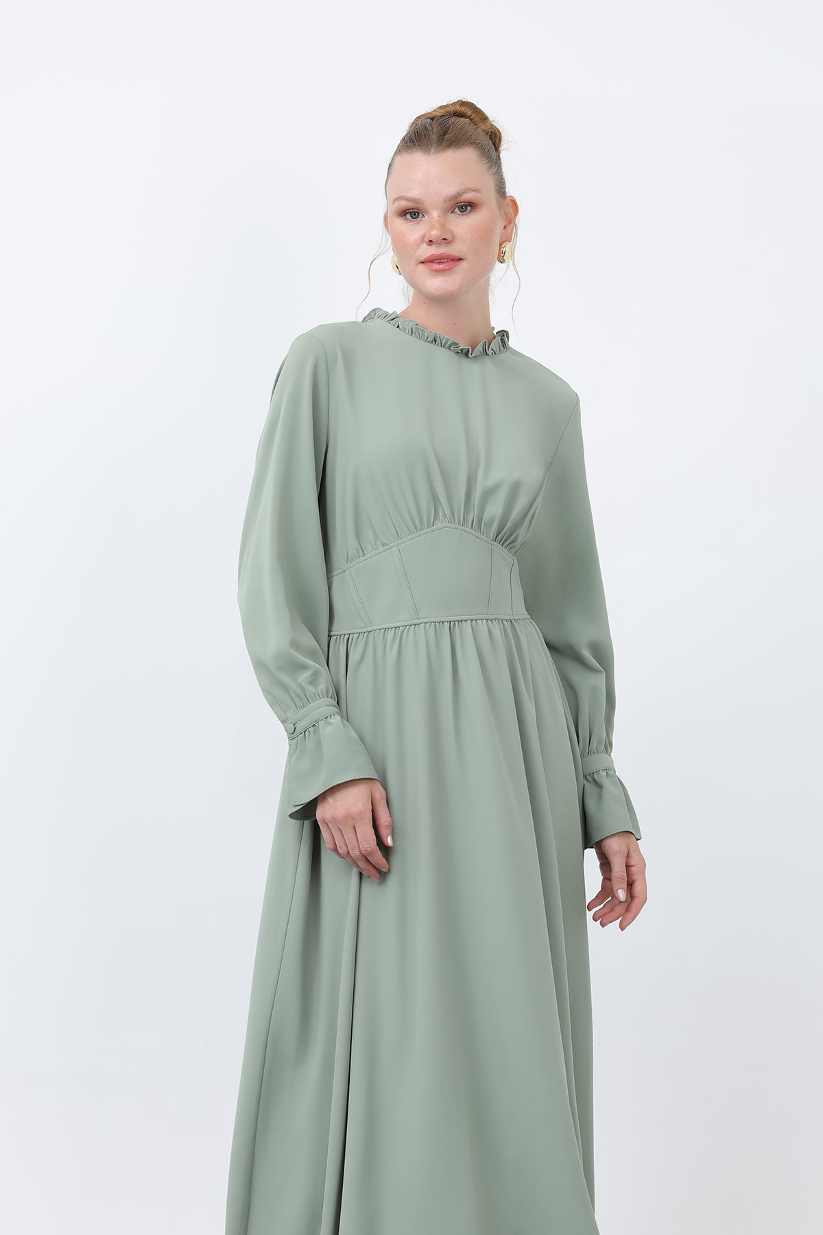 Kadın Beli Korsajlı Yakasıl Detaylı Elbise -12614ELB ALMOND GREEN