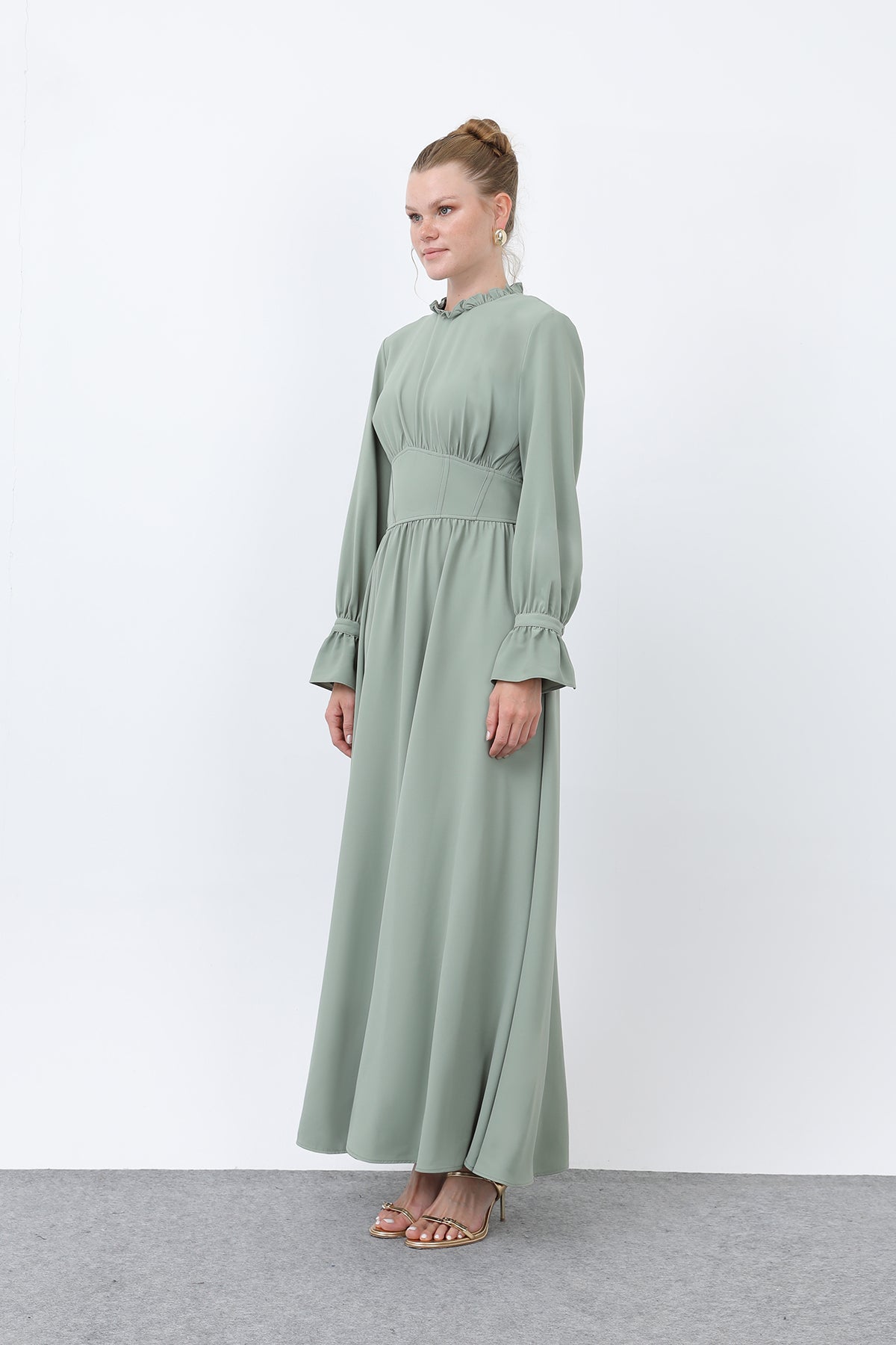 Kadın Beli Korsajlı Yakasıl Detaylı Elbise -12614ELB ALMOND GREEN
