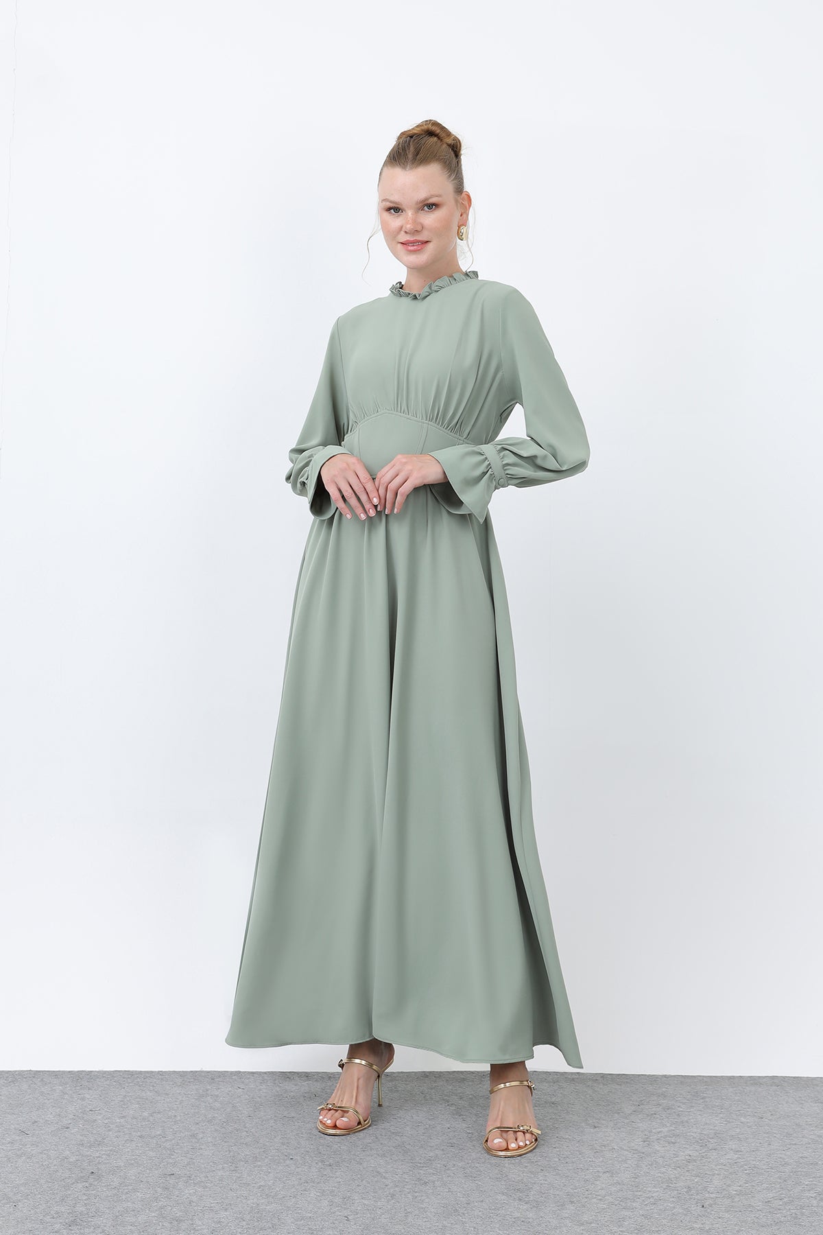 Kadın Beli Korsajlı Yakasıl Detaylı Elbise -12614ELB ALMOND GREEN