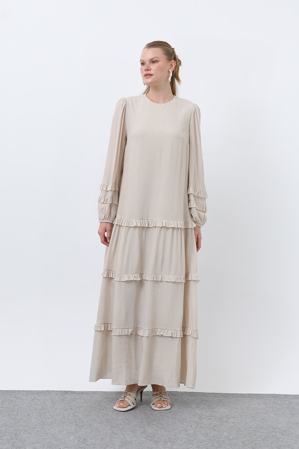 Kadın Fırfır Detaylı Elbise - 12620ELB BEIGE