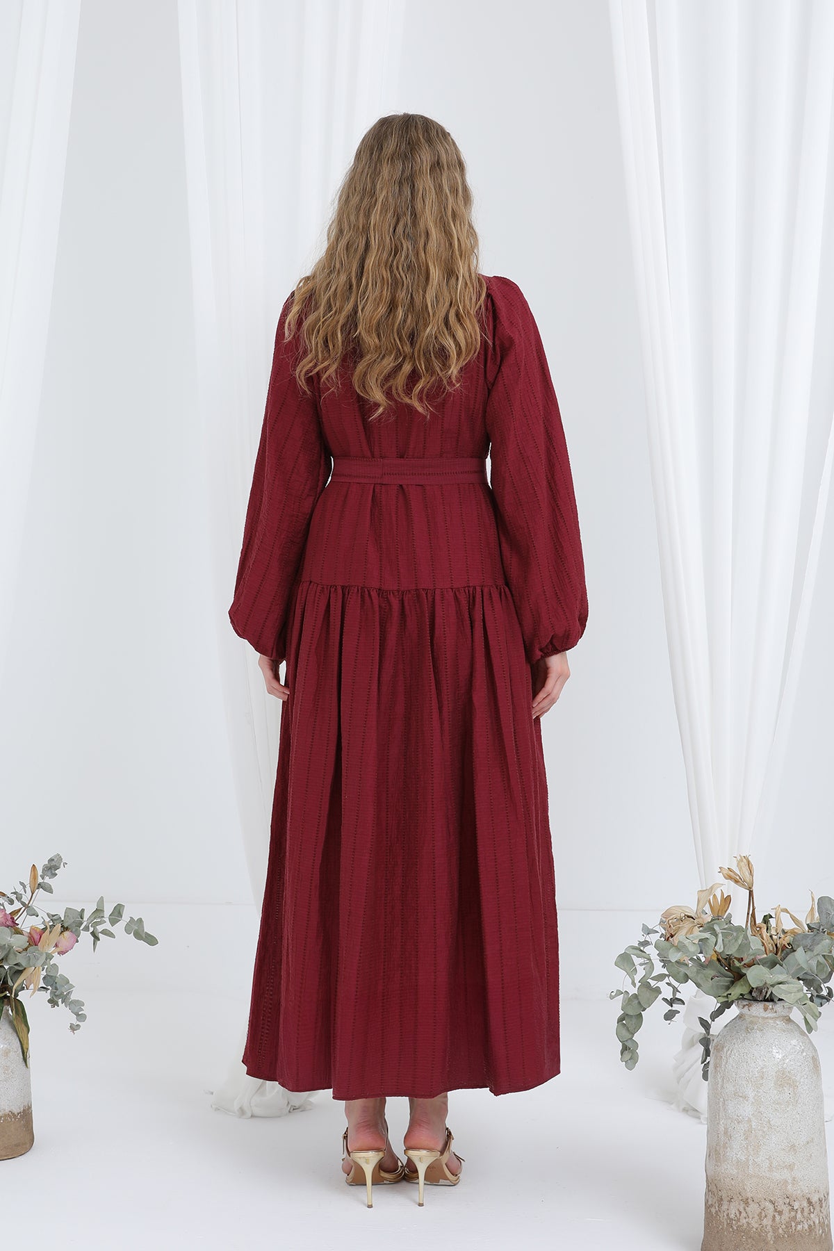 Kadın Kuşaklı Balon Kol Uzun Elbise - 12628ELB BURGUNDY