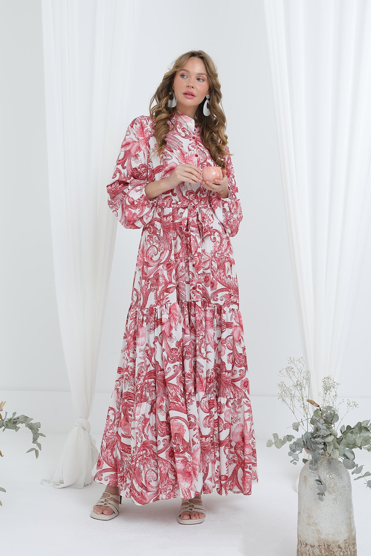 Kadın Kuşaklı Baskı Detaylı Uzun Elbise -12636ELB ROSE