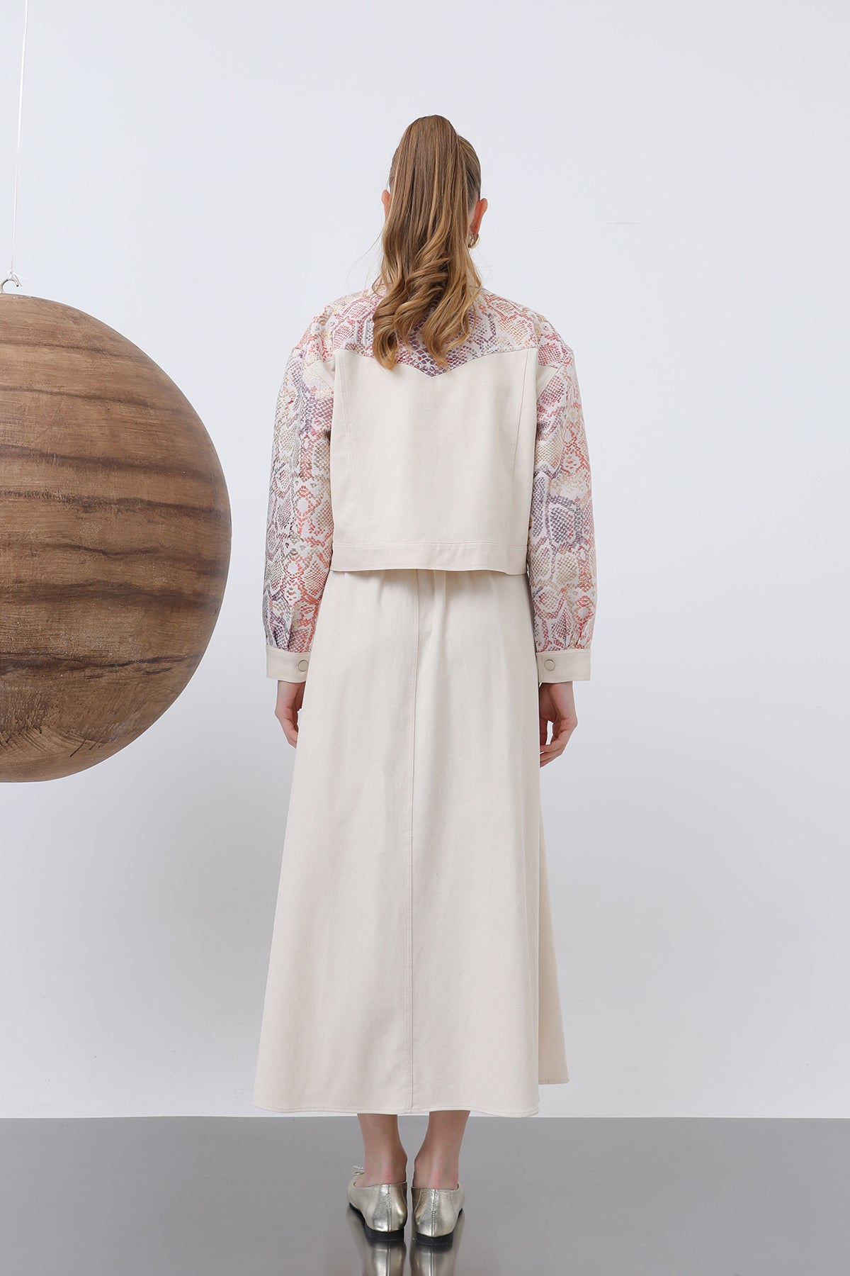Kadın Kolları Desenli Etekli Takım - 14311TKS BEIGE-ORANGE