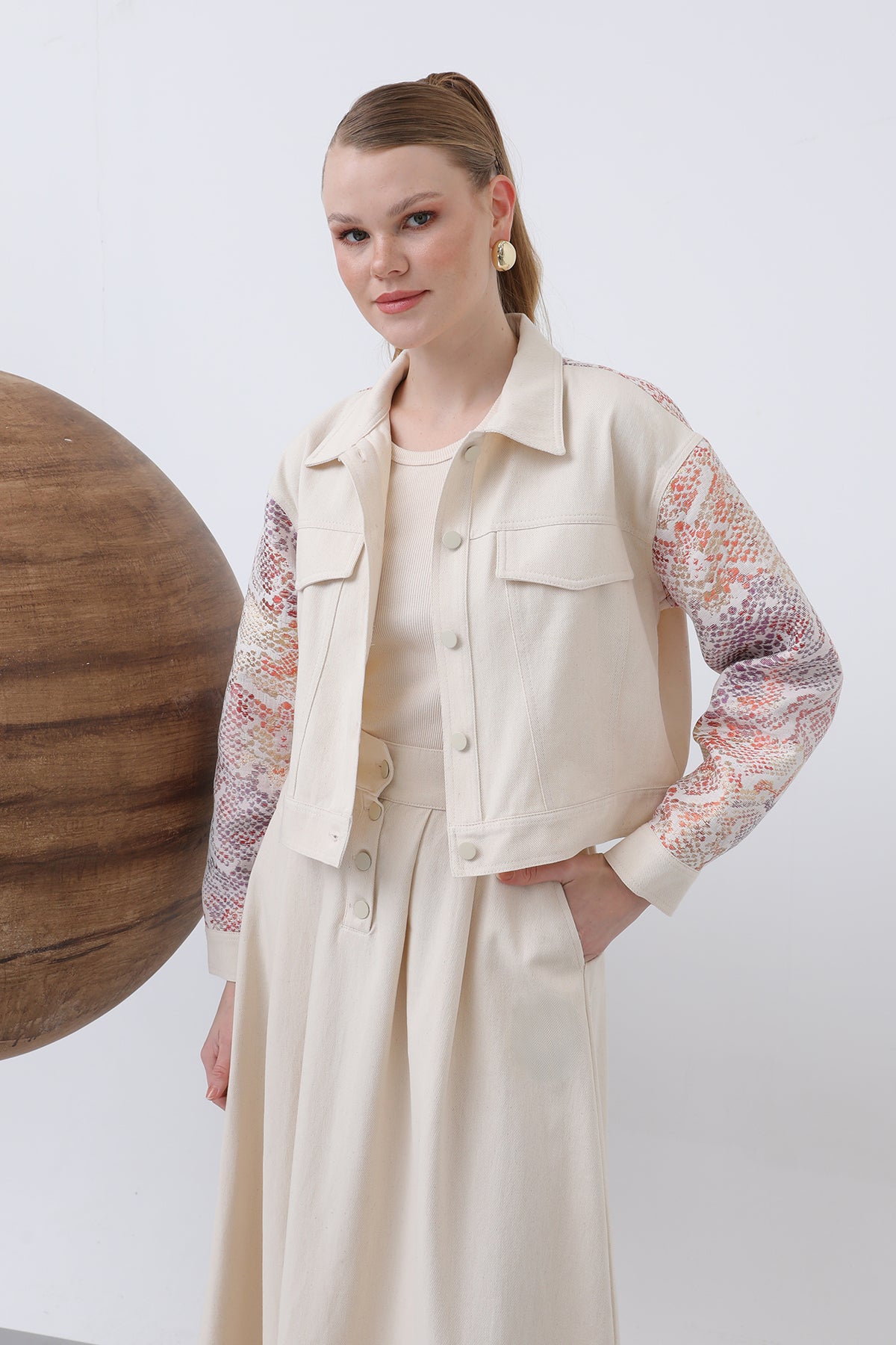 Kadın Kolları Desenli Etekli Takım - 14311TKS BEIGE-ORANGE