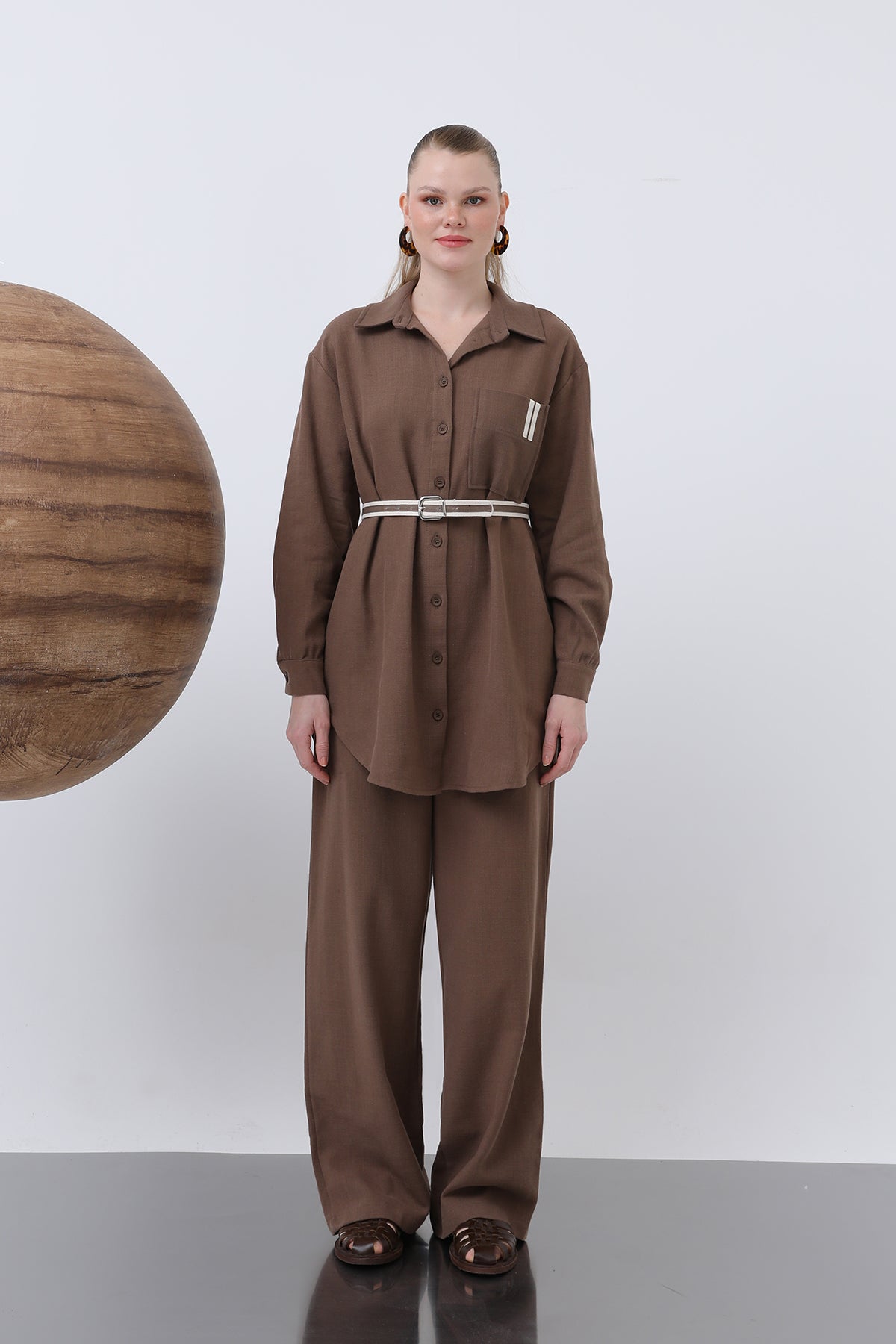 Kadın Beli Büzgülü Ve Cep Detaylı Gömlek Ve Pantolonlu Takım - 14313TKS BROWN