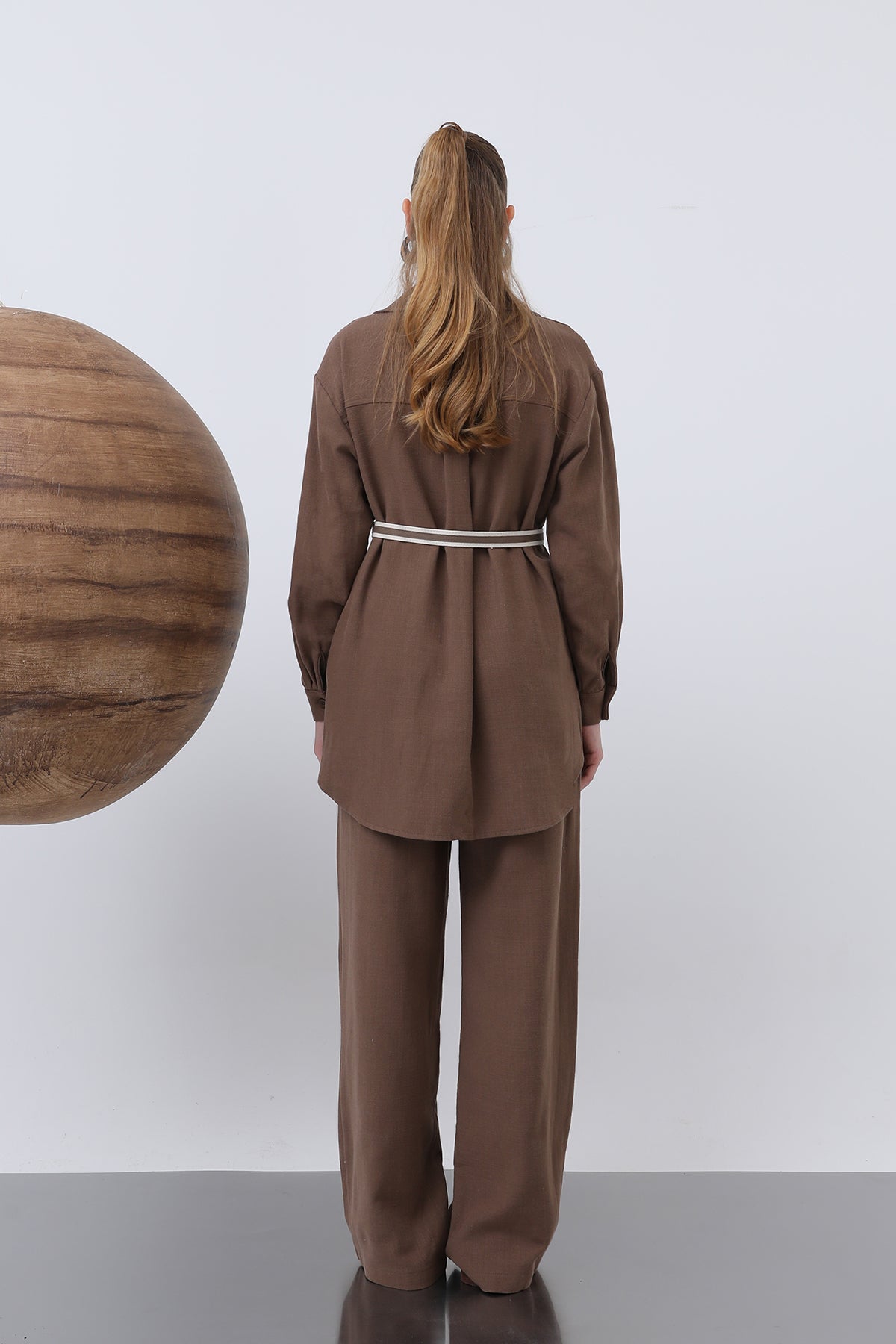 Kadın Beli Büzgülü Ve Cep Detaylı Gömlek Ve Pantolonlu Takım - 14313TKS BROWN
