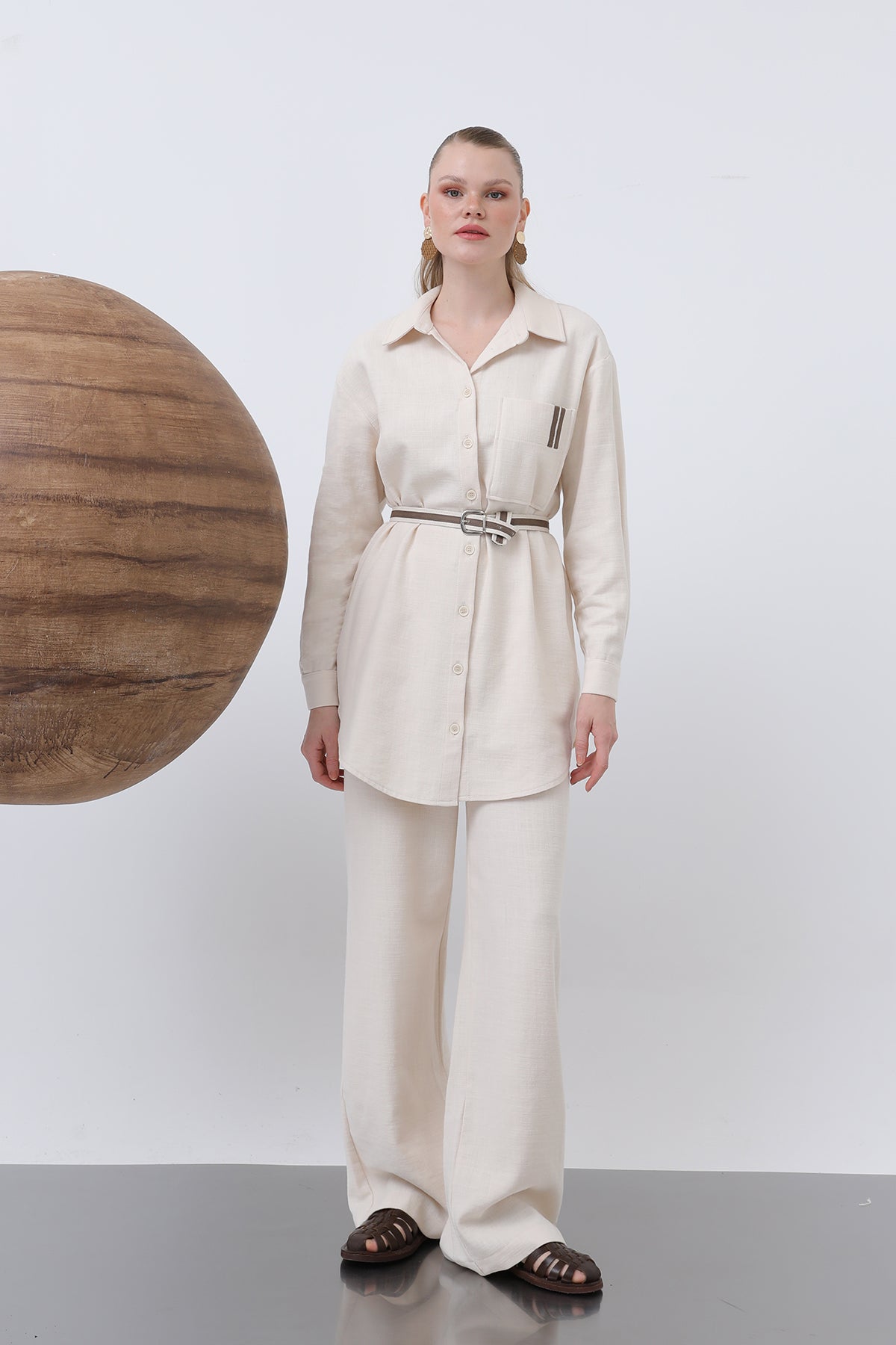 Kadın Beli Büzgülü Ve Cep Detaylı Gömlek Ve Pantolonlu Takım - 14313TKS BEIGE