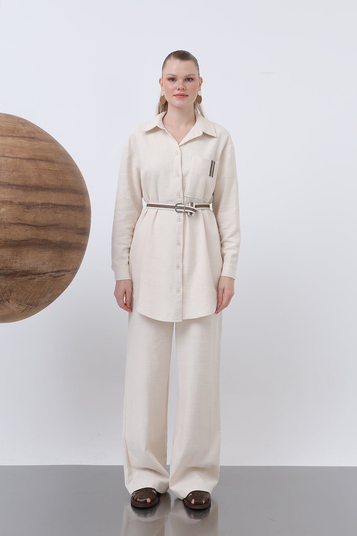 Kadın Beli Büzgülü Ve Cep Detaylı Gömlek Ve Pantolonlu Takım - 14313TKS BEIGE