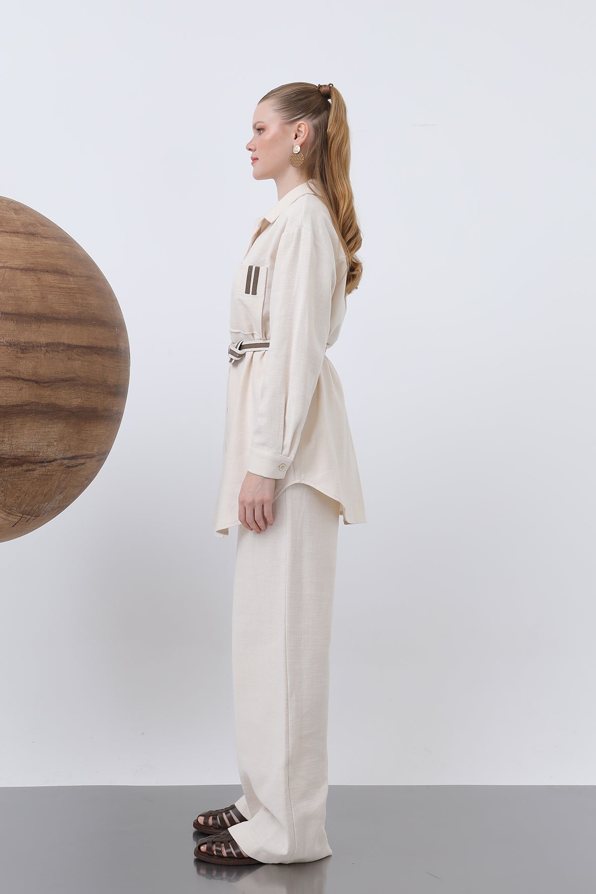 Kadın Beli Büzgülü Ve Cep Detaylı Gömlek Ve Pantolonlu Takım - 14313TKS BEIGE
