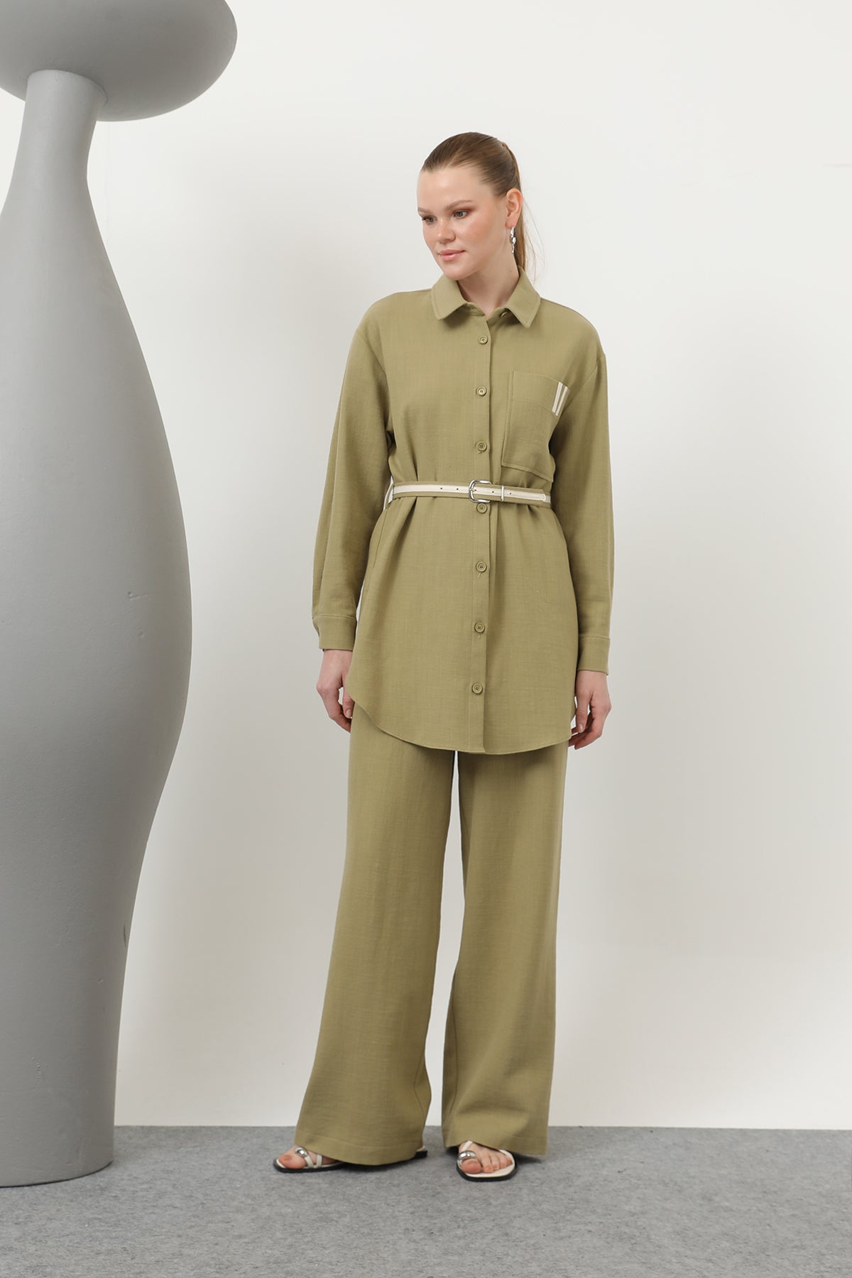 Kadın Beli Büzgülü Ve Cep Detaylı Gömlek Ve Pantolonlu Takım - 14313TKS LIGHT KHAKI