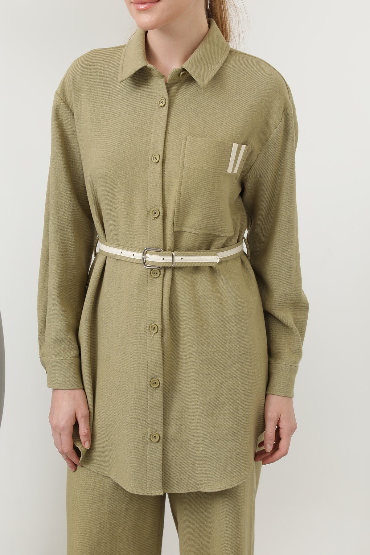 Kadın Beli Büzgülü Ve Cep Detaylı Gömlek Ve Pantolonlu Takım - 14313TKS LIGHT KHAKI