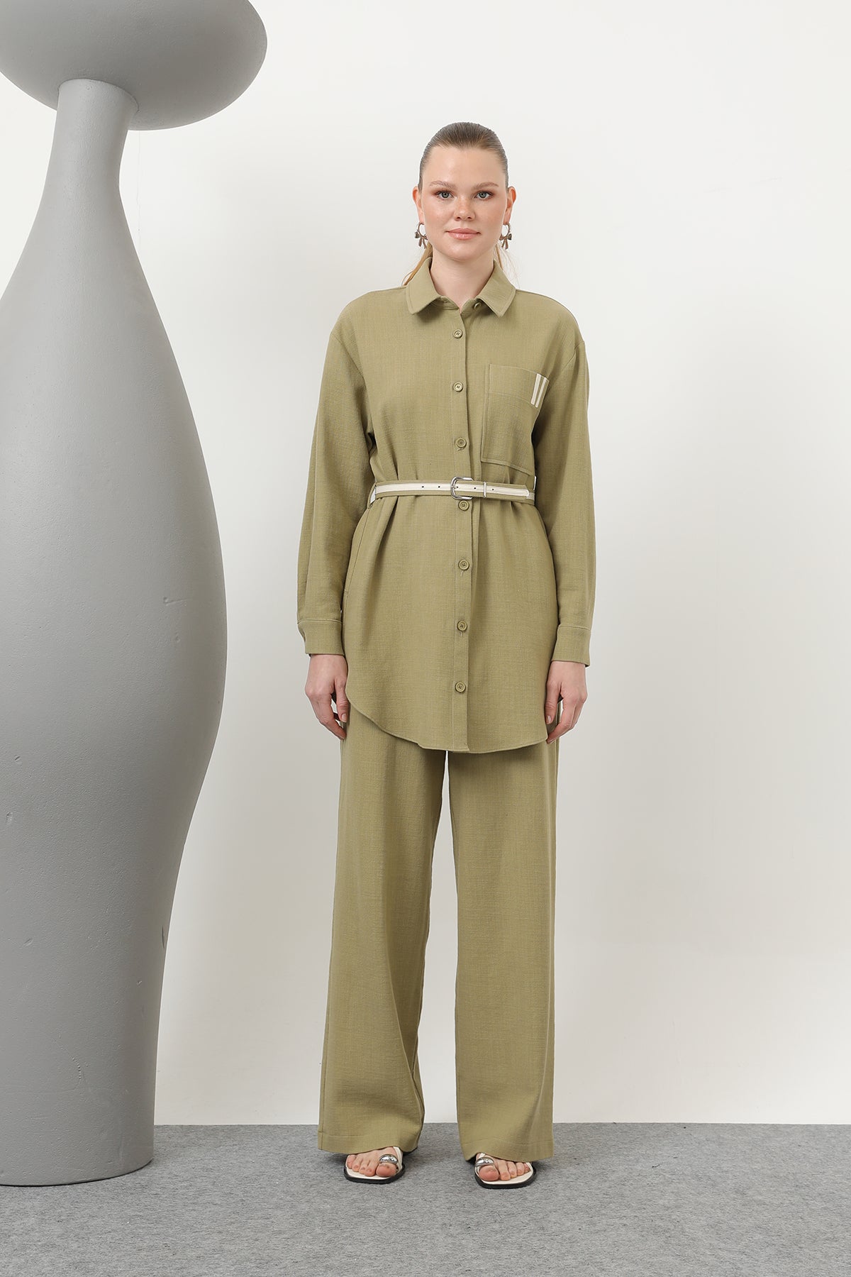 Kadın Beli Büzgülü Ve Cep Detaylı Gömlek Ve Pantolonlu Takım - 14313TKS LIGHT KHAKI