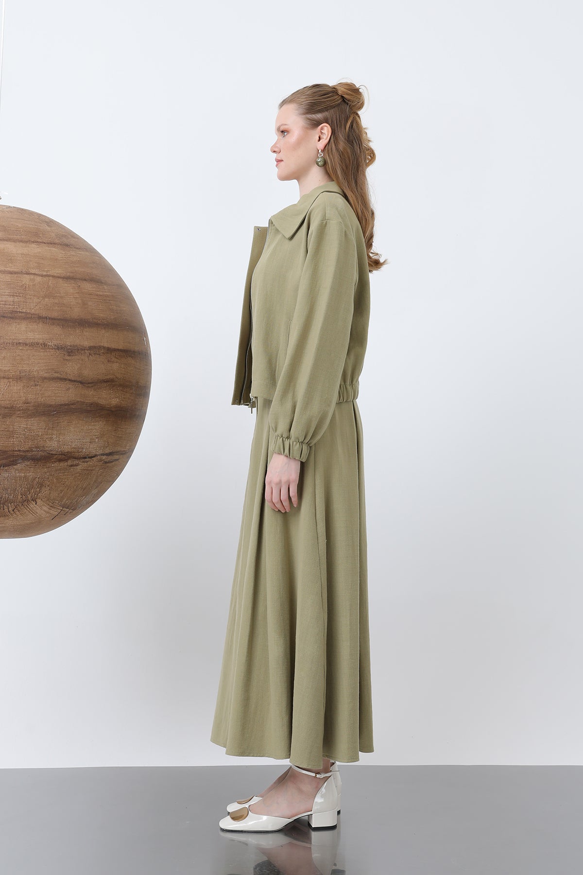 Kadın Gizli Patlı Fermuarlı Etekli Takım - 14315TKS LIGHT KHAKI