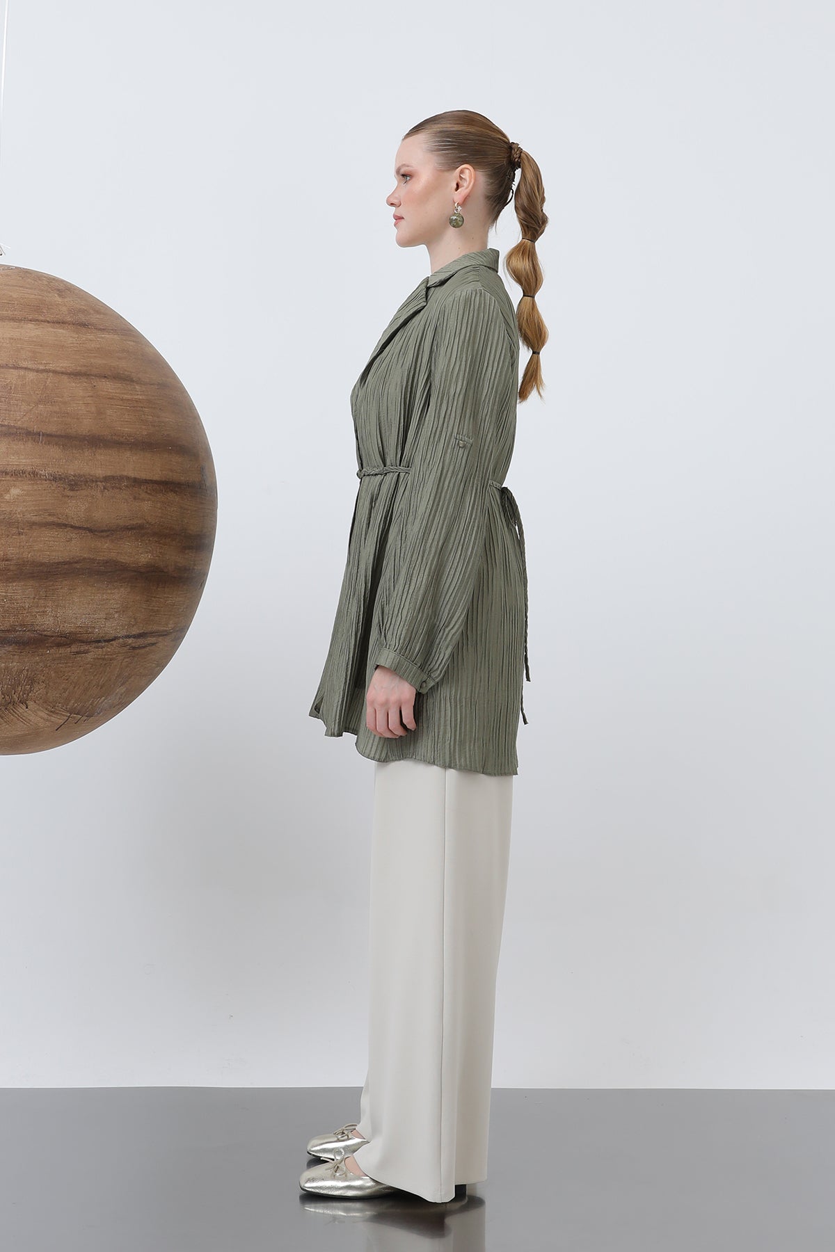 Kadın Beli Kuşaklı Pantolonlu Takım - 14316TKS STONE-KHAKİ