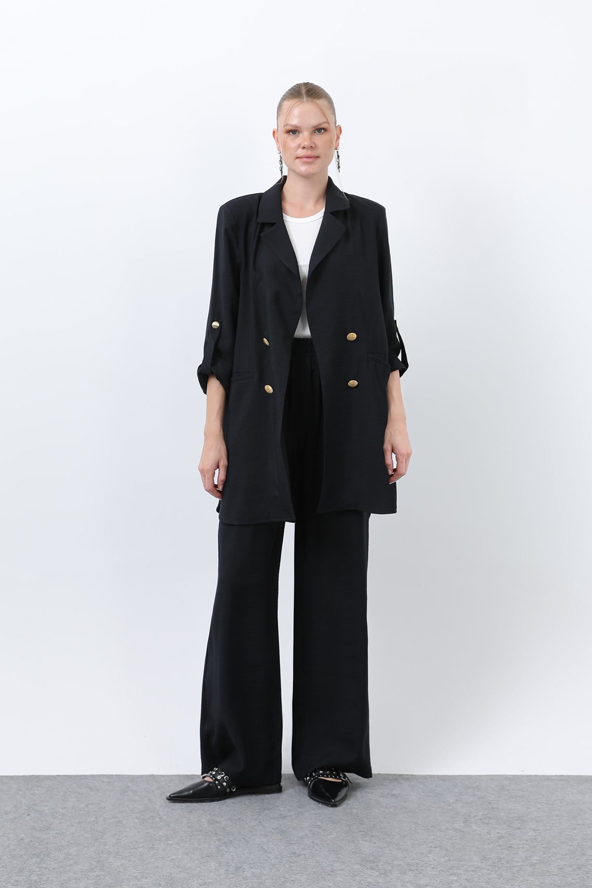 Kadın Düğme Detaylı Pantolonlu Blazer Ceket Takım - 14321TKM BLACK