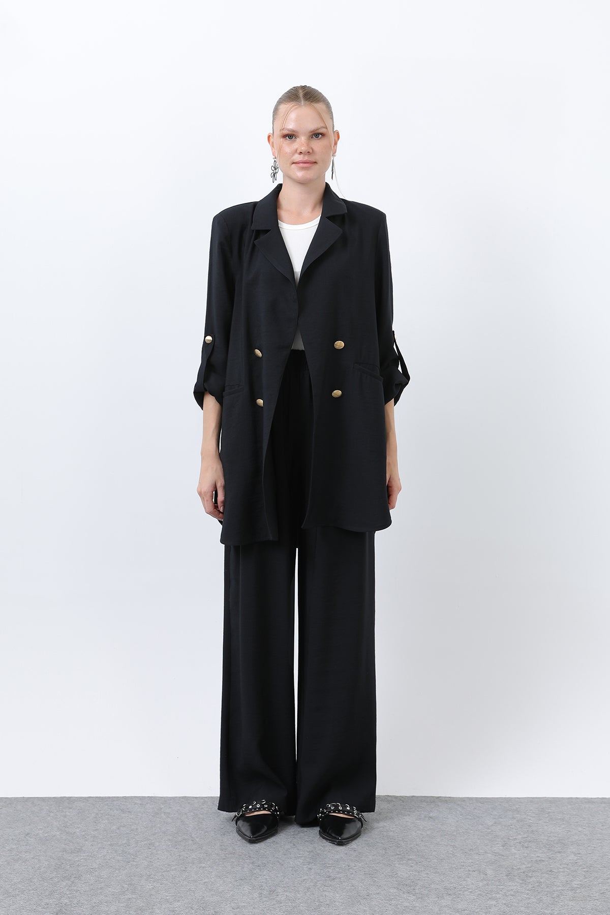 Kadın Düğme Detaylı Pantolonlu Blazer Ceket Takım - 14321TKM BLACK