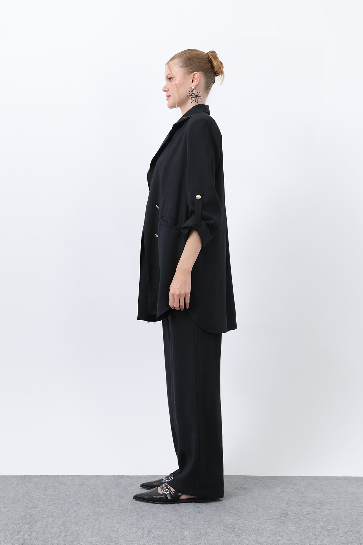 Kadın Düğme Detaylı Pantolonlu Blazer Ceket Takım - 14321TKM BLACK