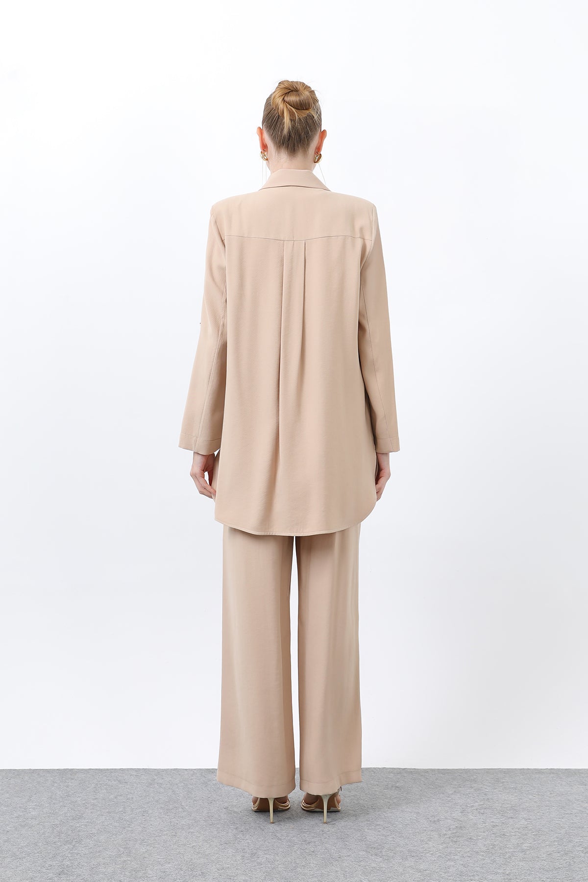 Kadın Düğme Detaylı Pantolonlu Blazer Ceket Takım - 14321TKM CAMEL