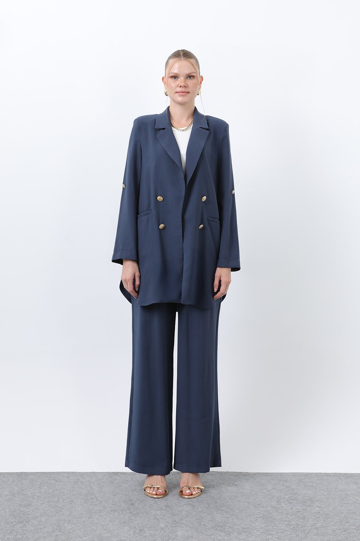 Kadın Düğme Detaylı Pantolonlu Blazer Ceket Takım - 14321TKM NAVY