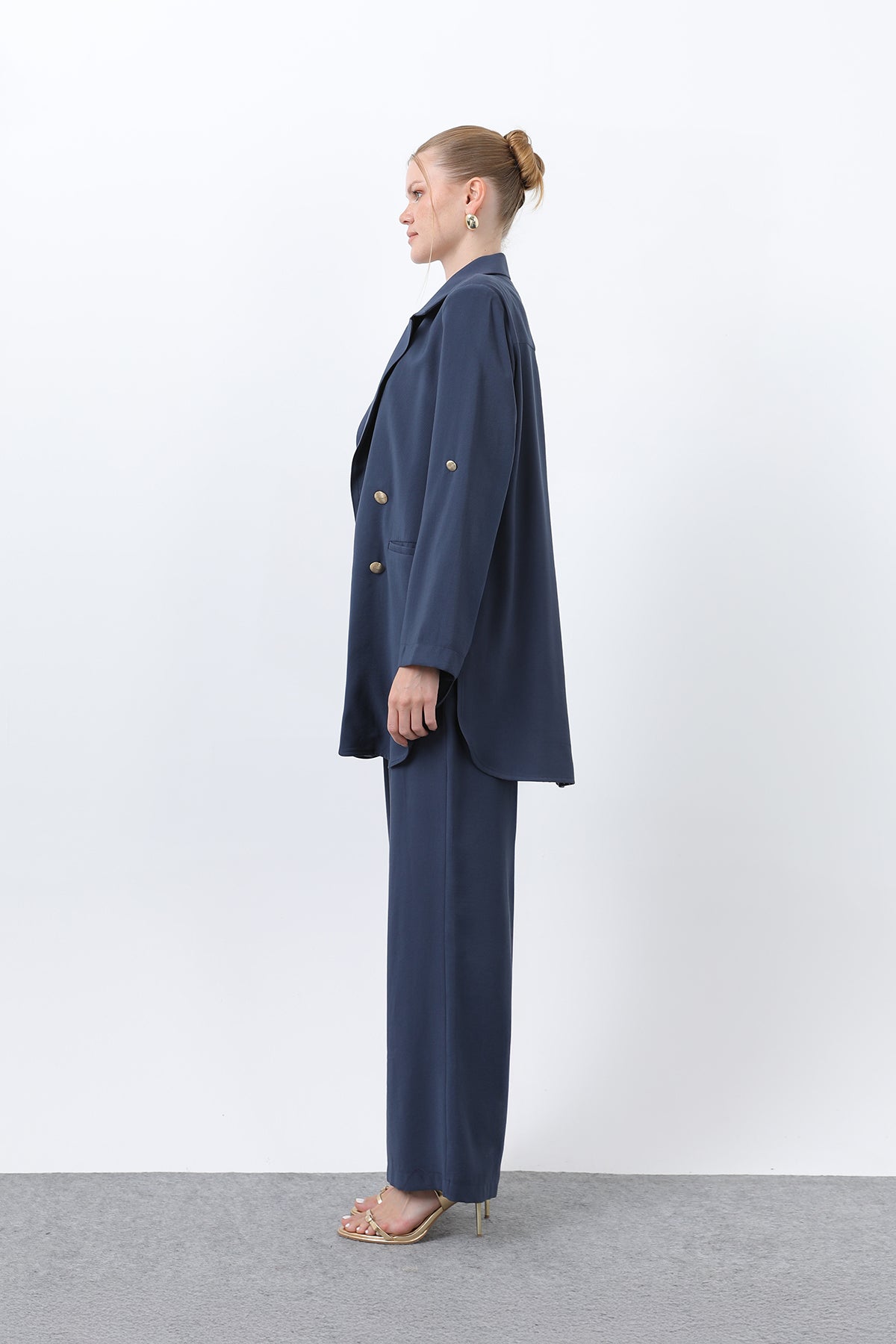 Kadın Düğme Detaylı Pantolonlu Blazer Ceket Takım - 14321TKM NAVY