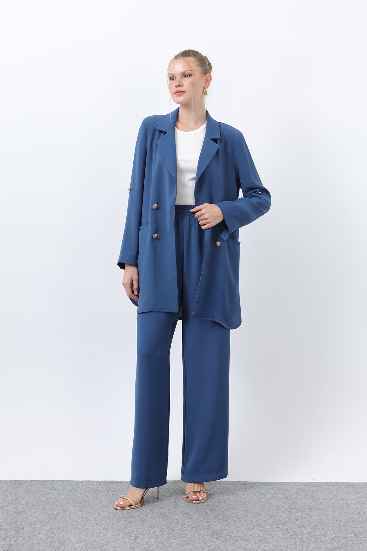 Kadın Düğme Detaylı Pantolonlu Blazer Ceket Takım - 14321TKM INDIGO