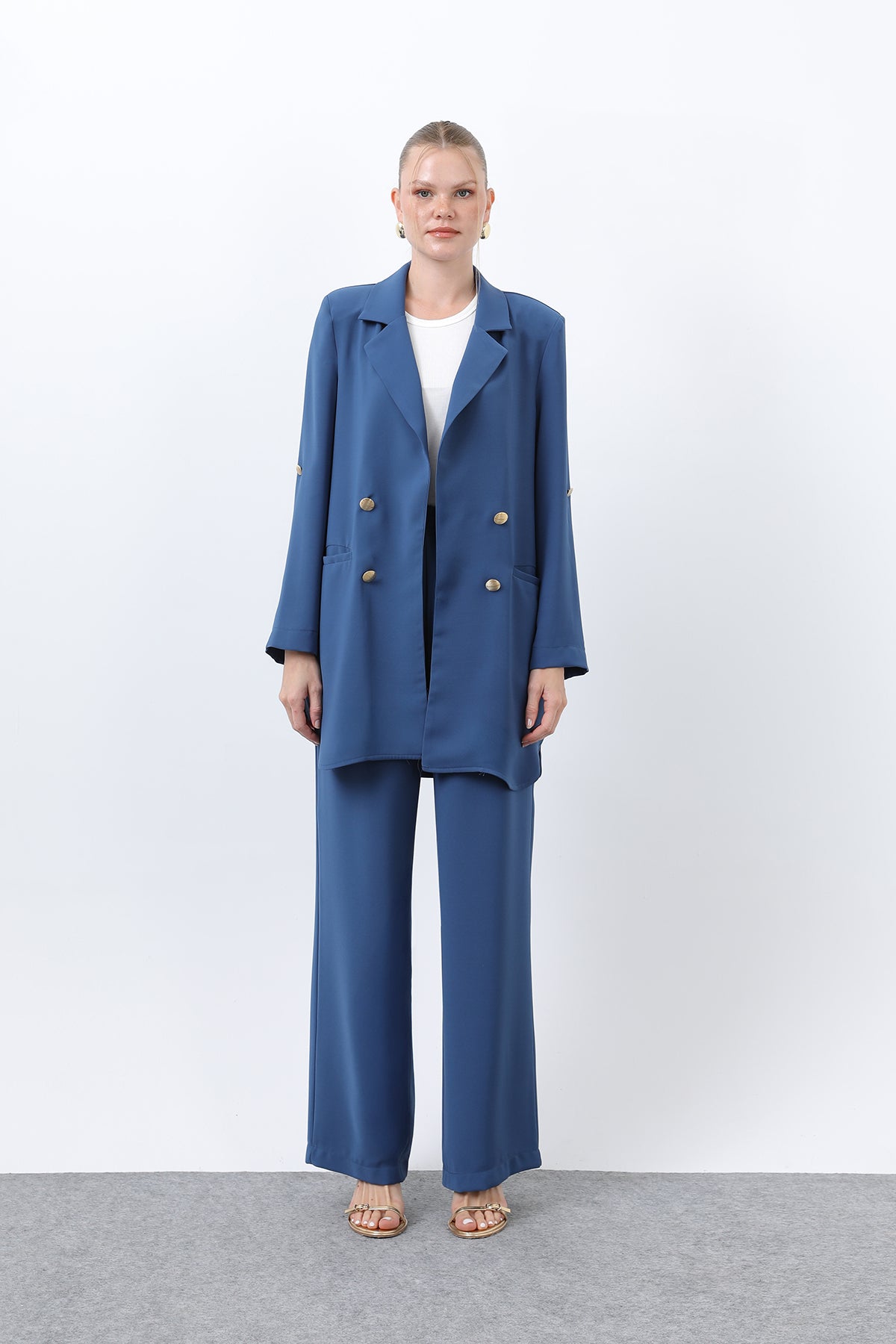 Kadın Düğme Detaylı Pantolonlu Blazer Ceket Takım - 14321TKM INDIGO