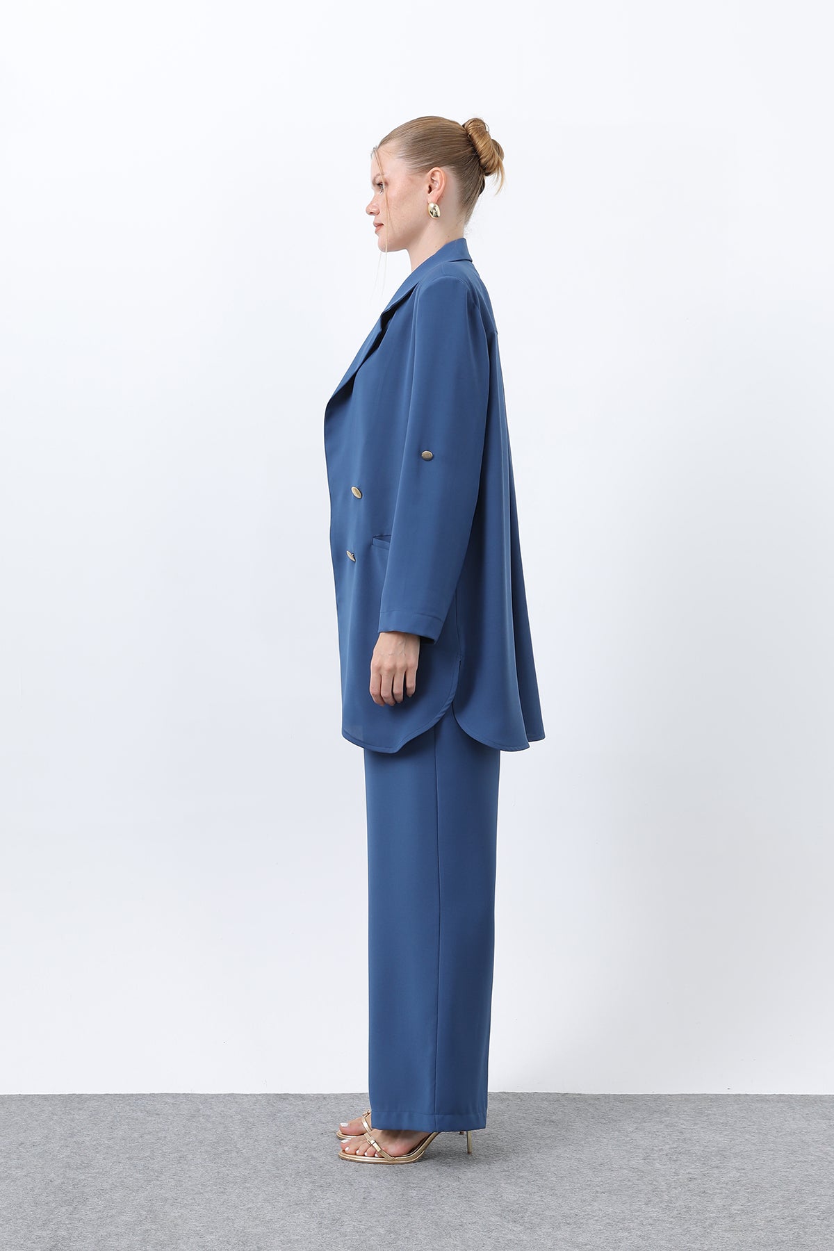 Kadın Düğme Detaylı Pantolonlu Blazer Ceket Takım - 14321TKM INDIGO