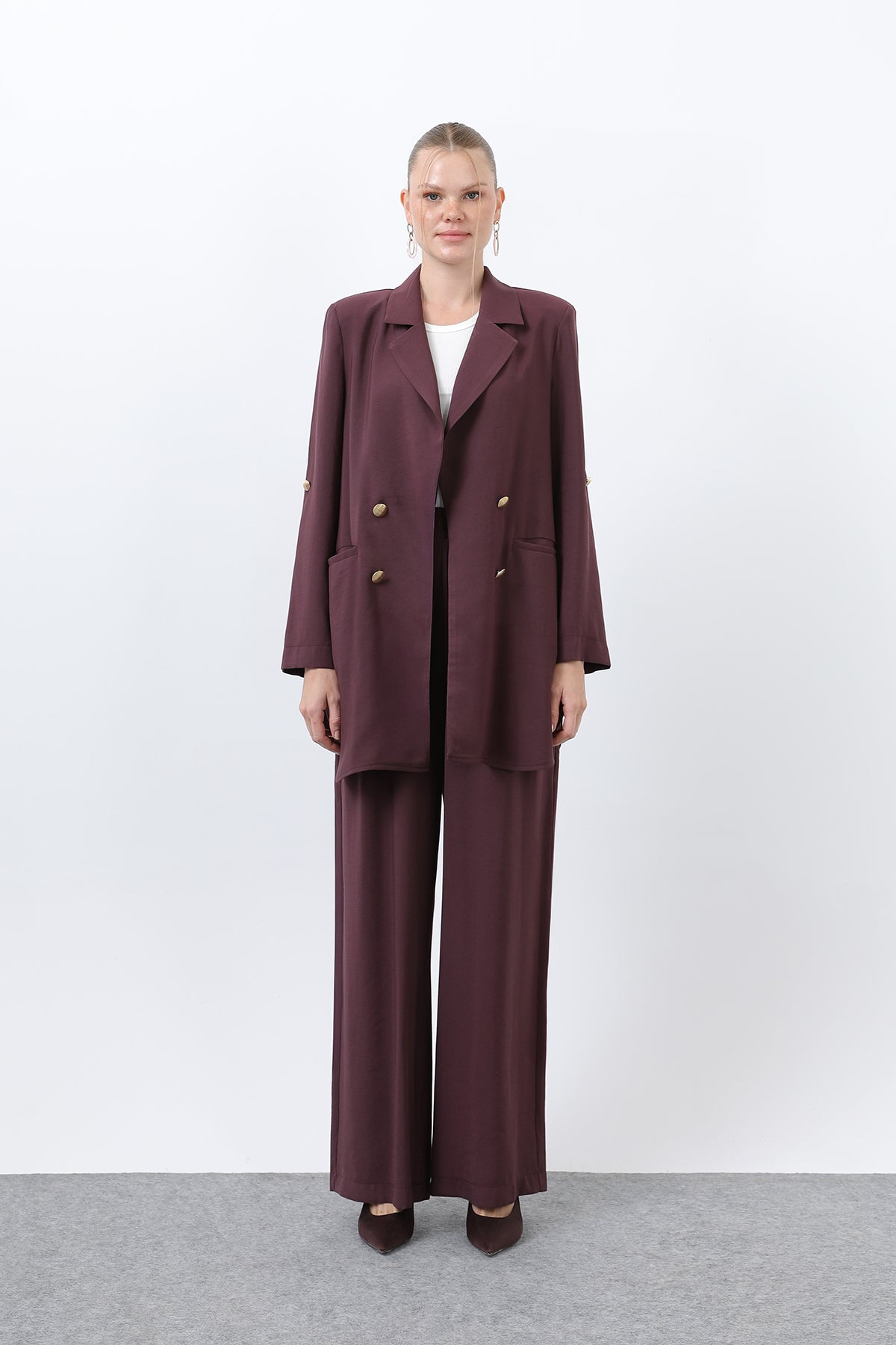 Kadın Düğme Detaylı Pantolonlu Blazer Ceket Takım - 14321TKM BURGUNDY