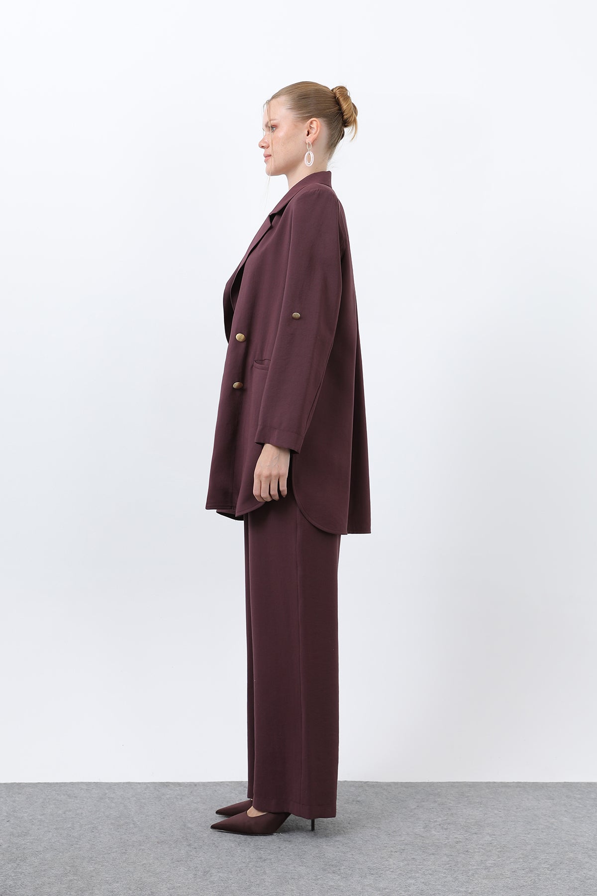 Kadın Düğme Detaylı Pantolonlu Blazer Ceket Takım - 14321TKM BURGUNDY
