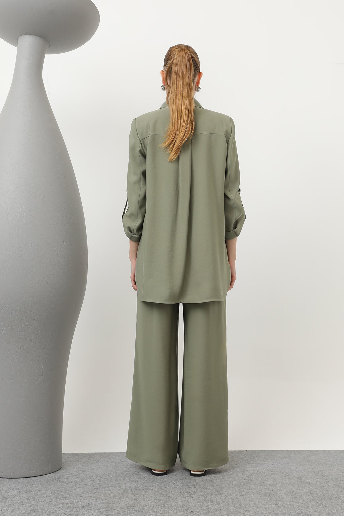 Kadın Düğme Detaylı Pantolonlu Blazer Ceket Takım - 14321TKM KHAKI