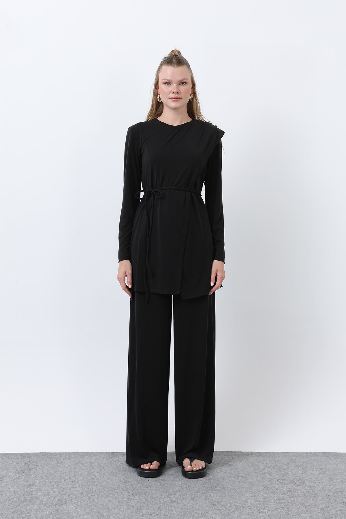 Kadın Omuzu Düğme Detaylı Kruvaze Tunik Pantolon Takım - 14341TKS BLACK
