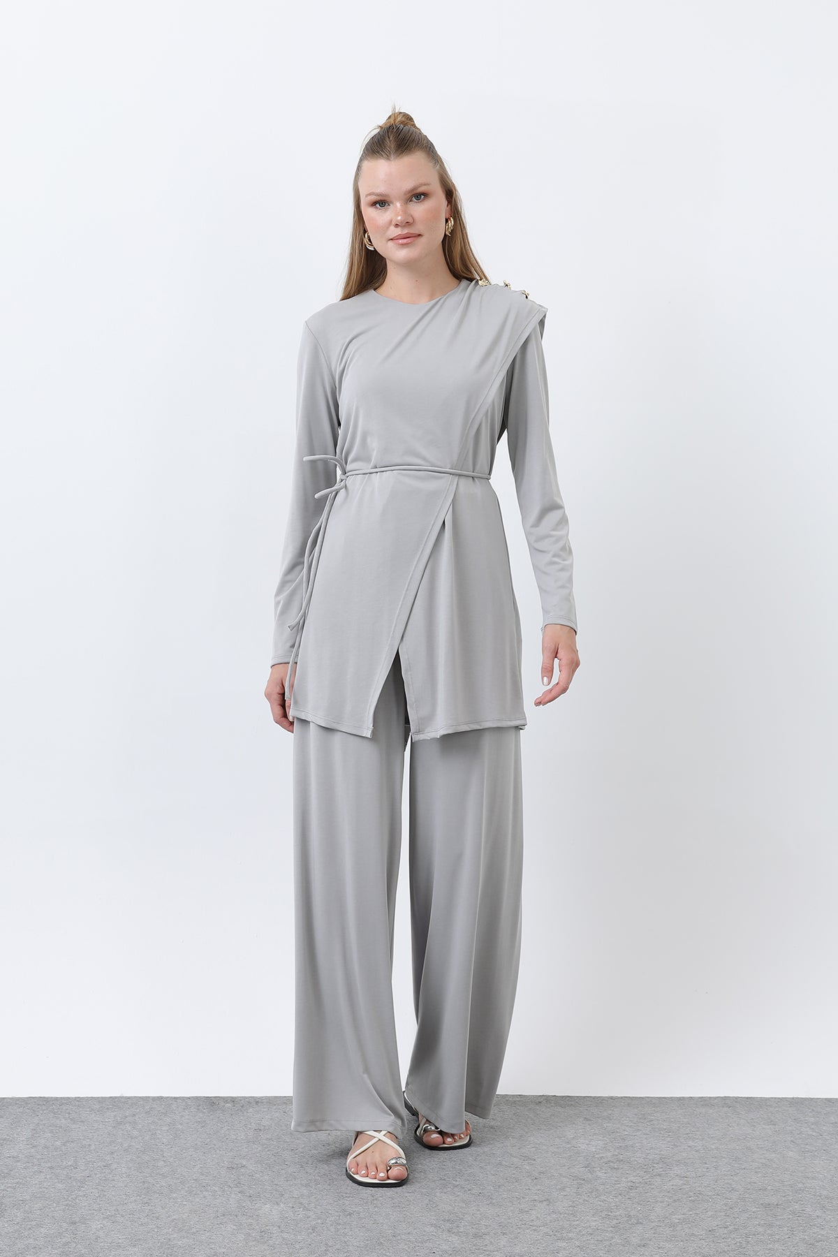 Kadın Omuzu Düğme Detaylı Kruvaze Tunik Pantolon Takım - 14341TKS GREY