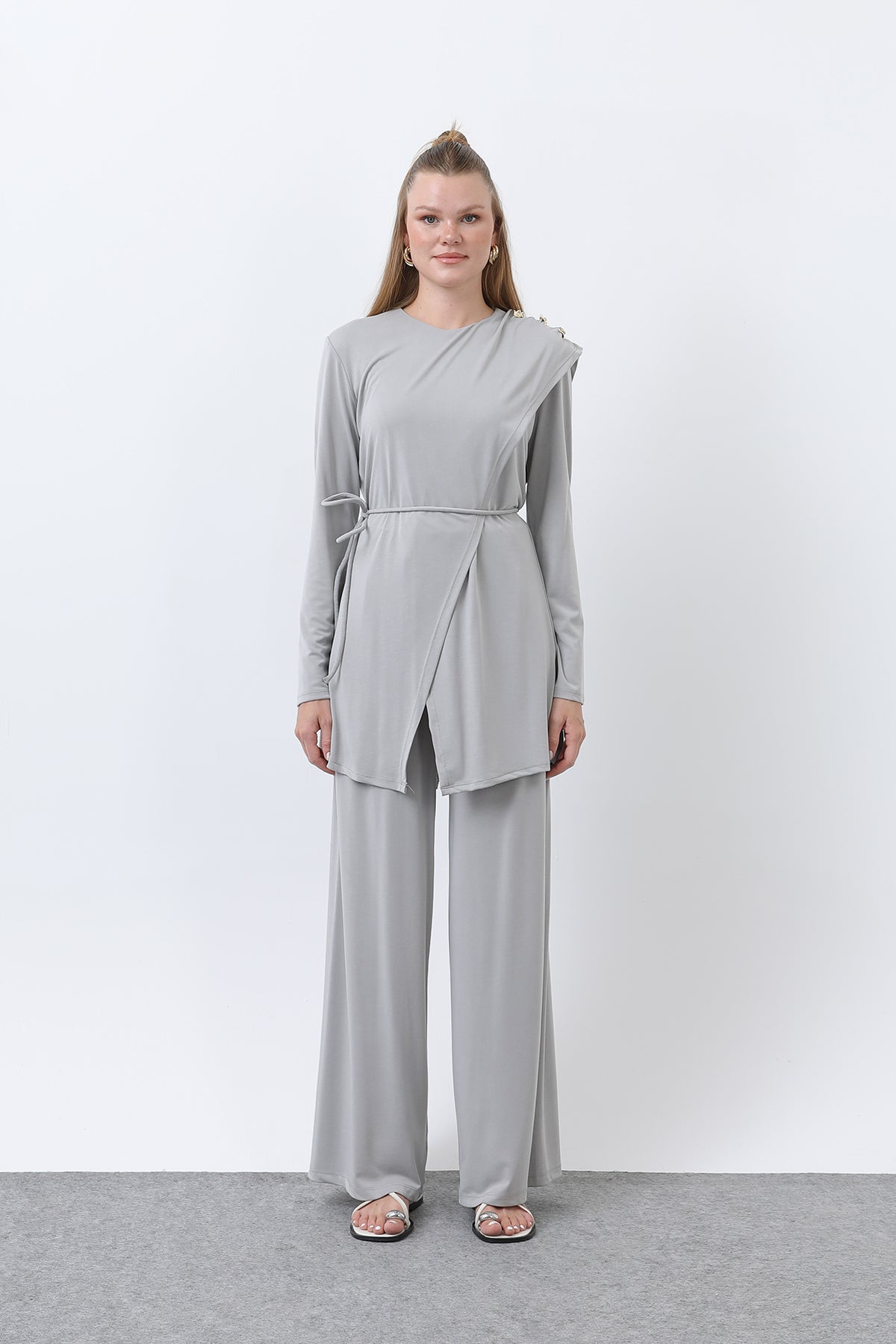 Kadın Omuzu Düğme Detaylı Kruvaze Tunik Pantolon Takım - 14341TKS GREY