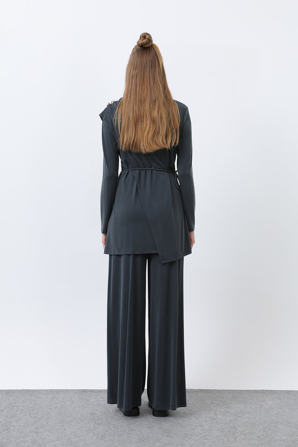 Kadın Omuzu Düğme Detaylı Kruvaze Tunik Pantolon Takım - 14341TKS DARK ANTHRACITE