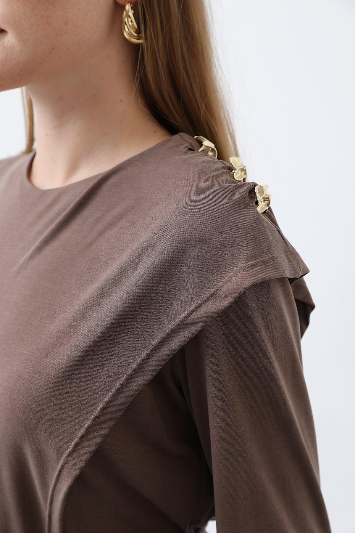 Kadın Omuzu Düğme Detaylı Kruvaze Tunik Pantolon Takım - 14341TKS BROWN