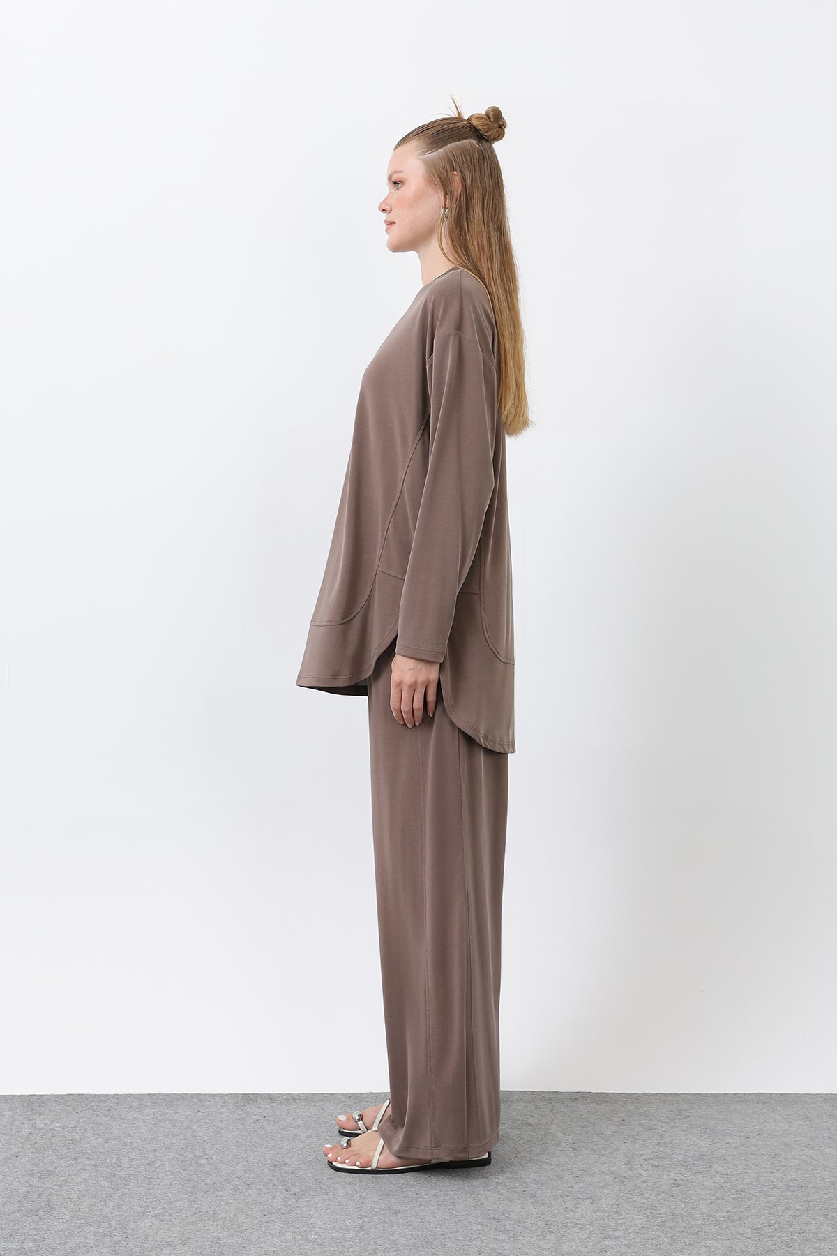 Kadın Önü Dikiş Detaylı Pantolonlu Takım - 14344TKS BEIGE