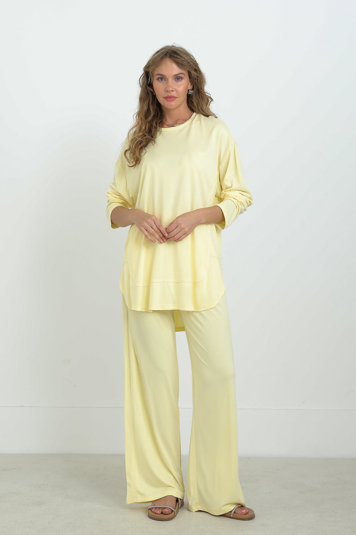 Kadın Önü Dikiş Detaylı Pantolonlu Takım - 14344TKS YELLOW