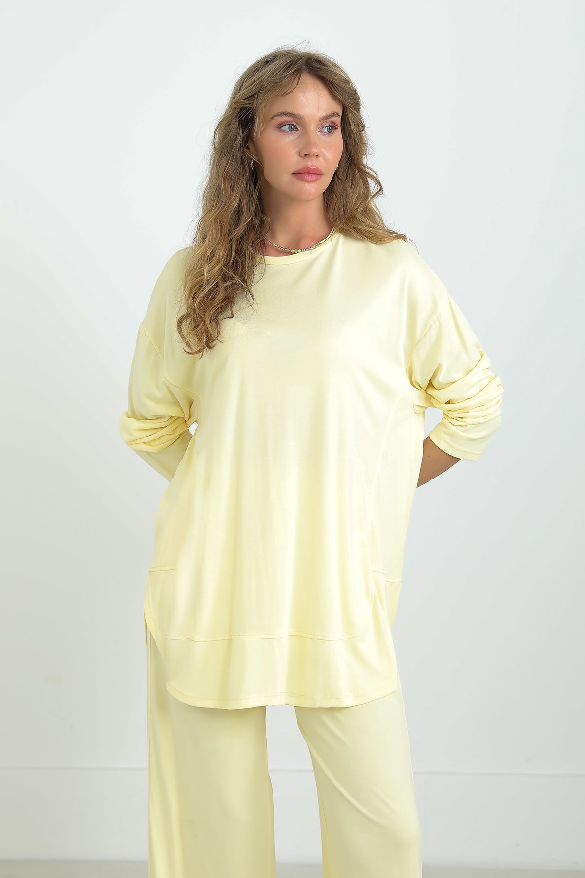 Kadın Önü Dikiş Detaylı Pantolonlu Takım - 14344TKS YELLOW