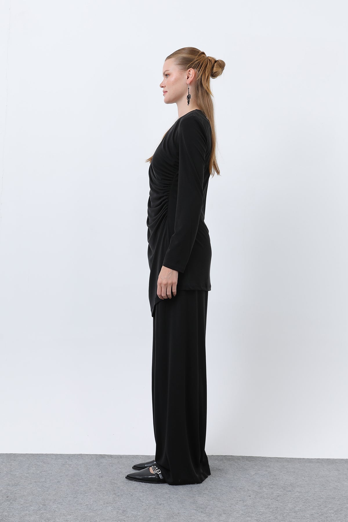 Kadın Drape Detaylı Pantolonlu Takım - 14349TKS BLACK
