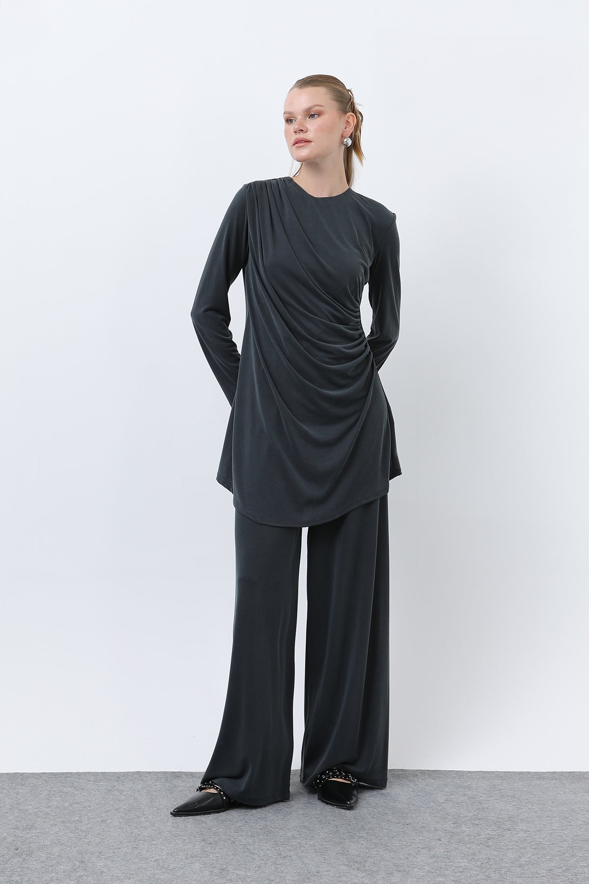 Kadın Drape Detaylı Pantolonlu Takım - 14349TKS DARK ANTHRACITE