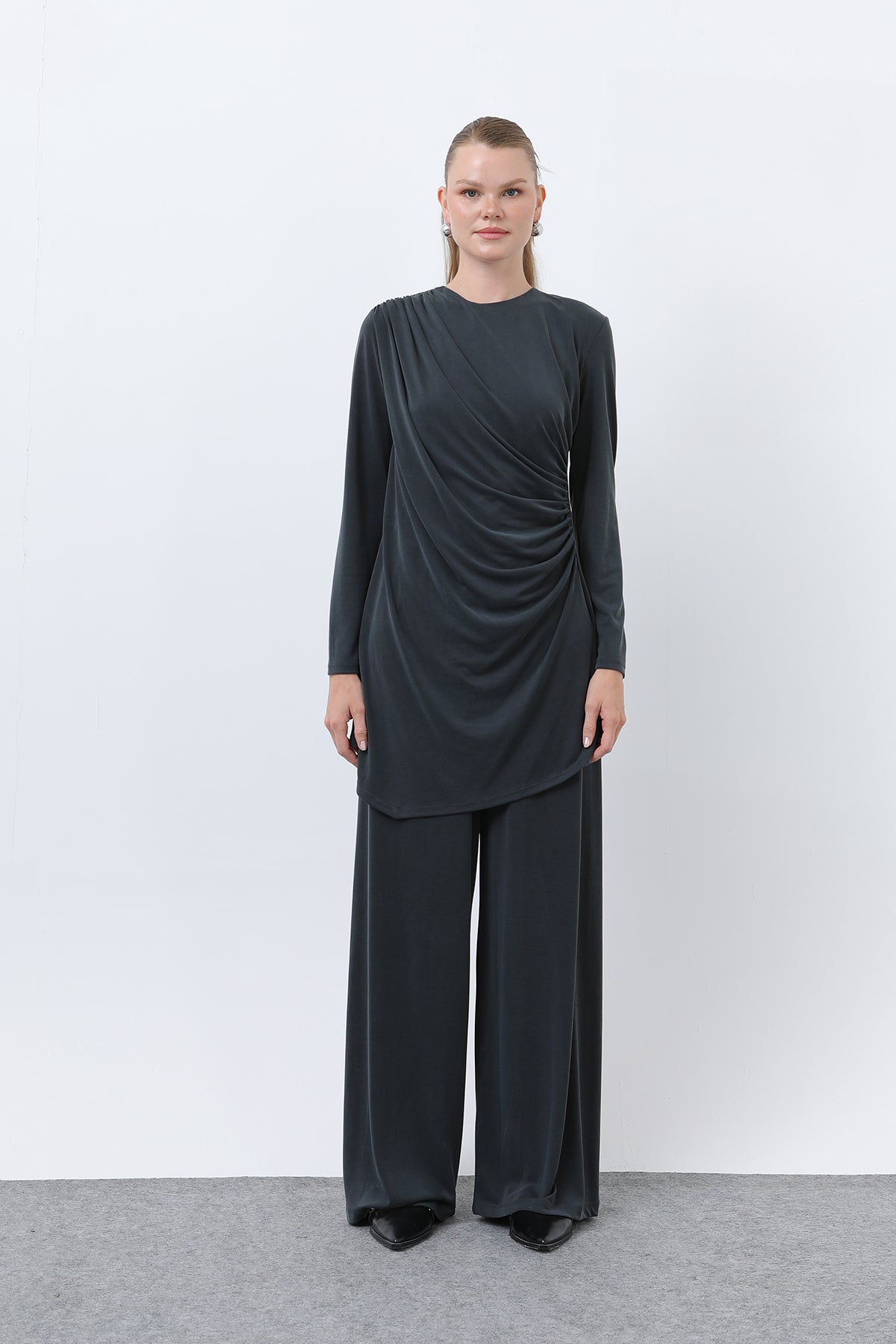Kadın Drape Detaylı Pantolonlu Takım - 14349TKS DARK ANTHRACITE