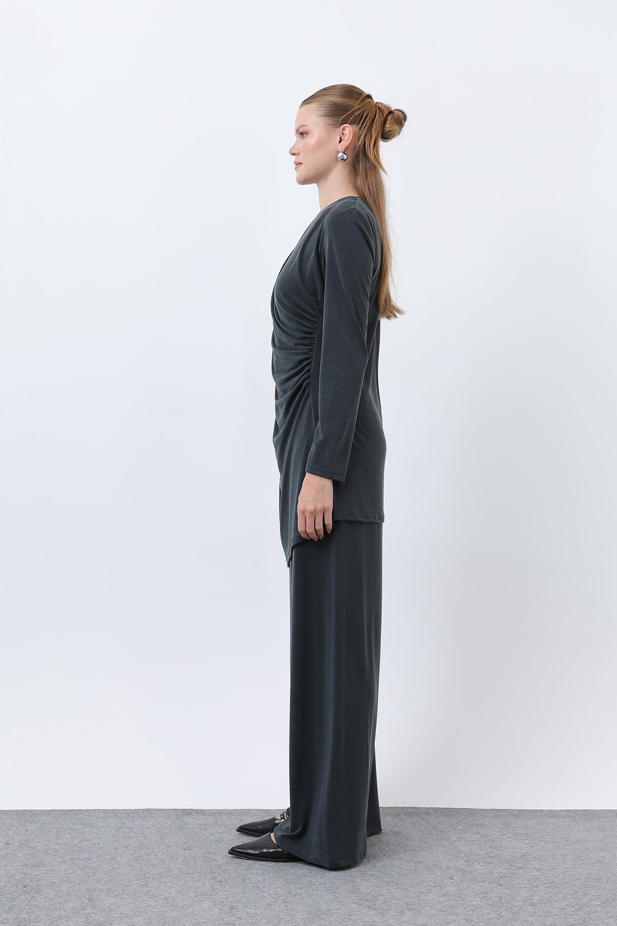 Kadın Drape Detaylı Pantolonlu Takım - 14349TKS DARK ANTHRACITE