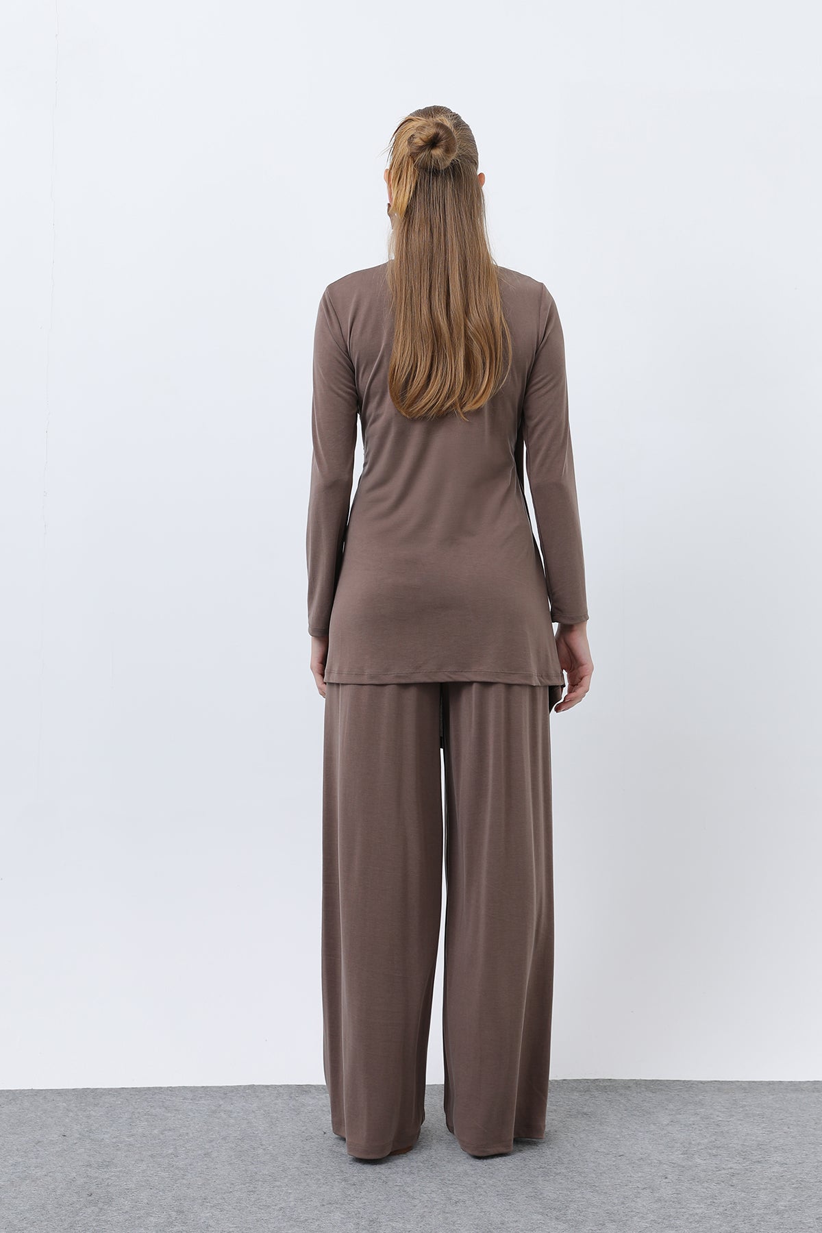 Kadın Drape Detaylı Pantolonlu Takım - 14349TKS BROWN