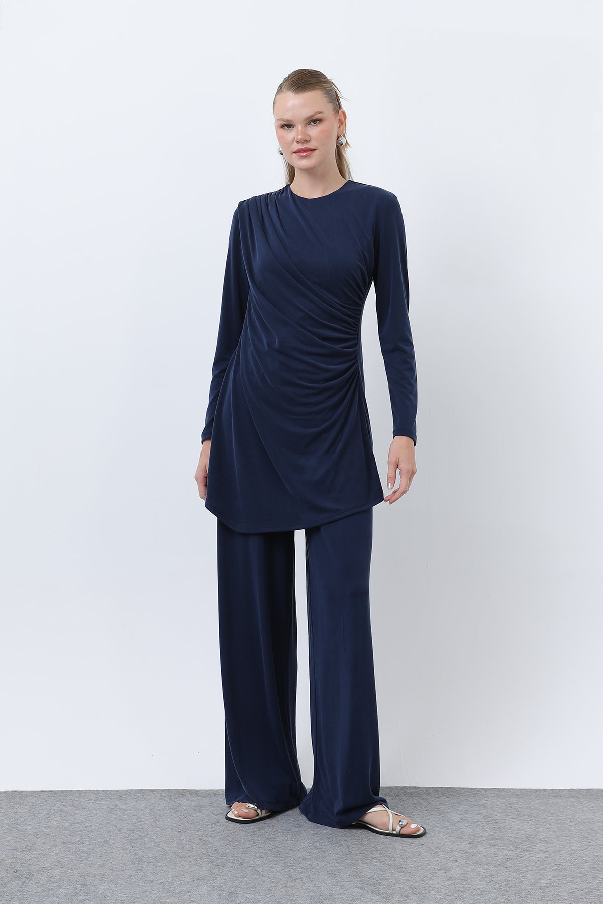 Kadın Drape Detaylı Pantolonlu Takım - 14349TKS NAVY