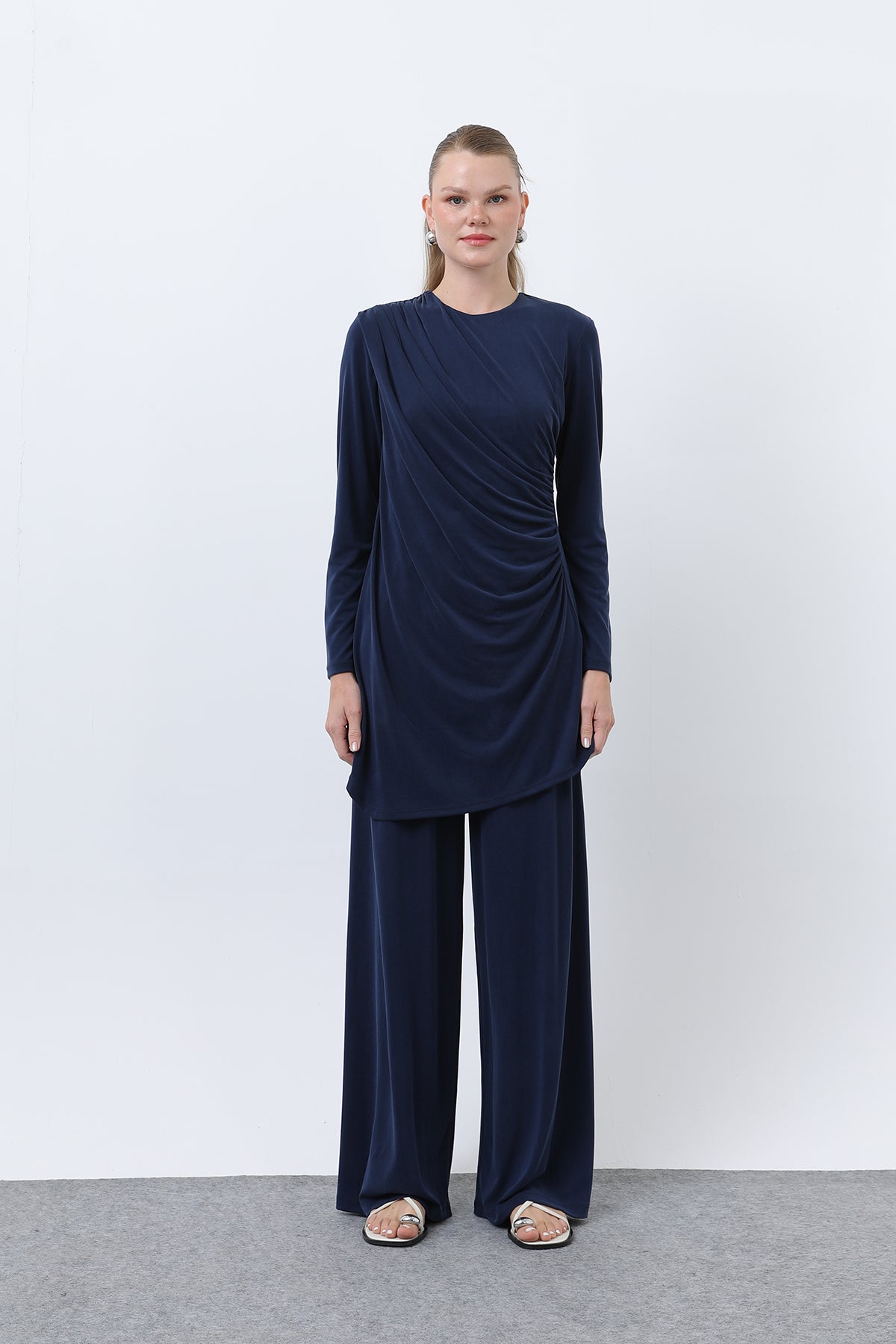 Kadın Drape Detaylı Pantolonlu Takım - 14349TKS NAVY